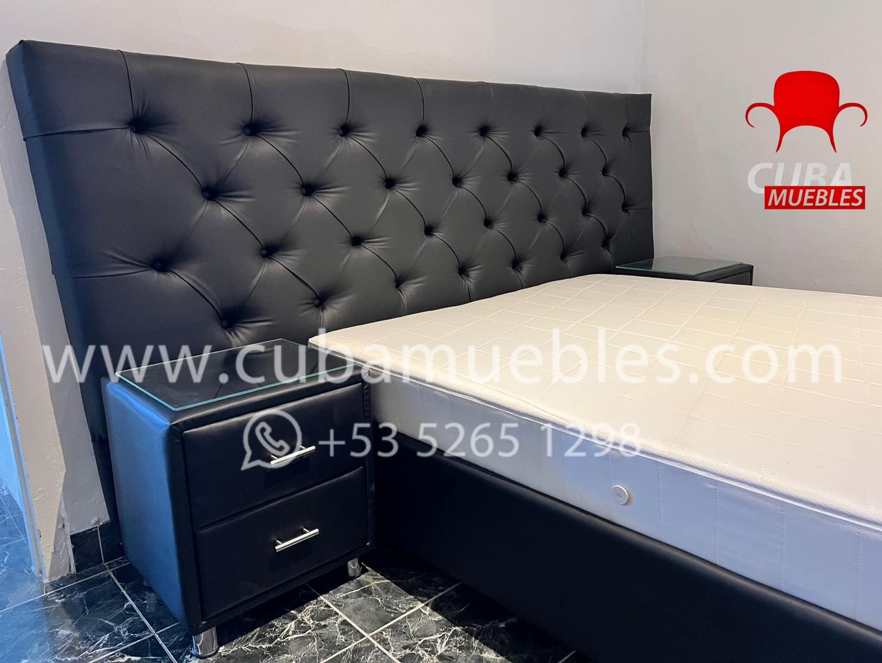 Cama Tapizada Full - flexy vinil negro