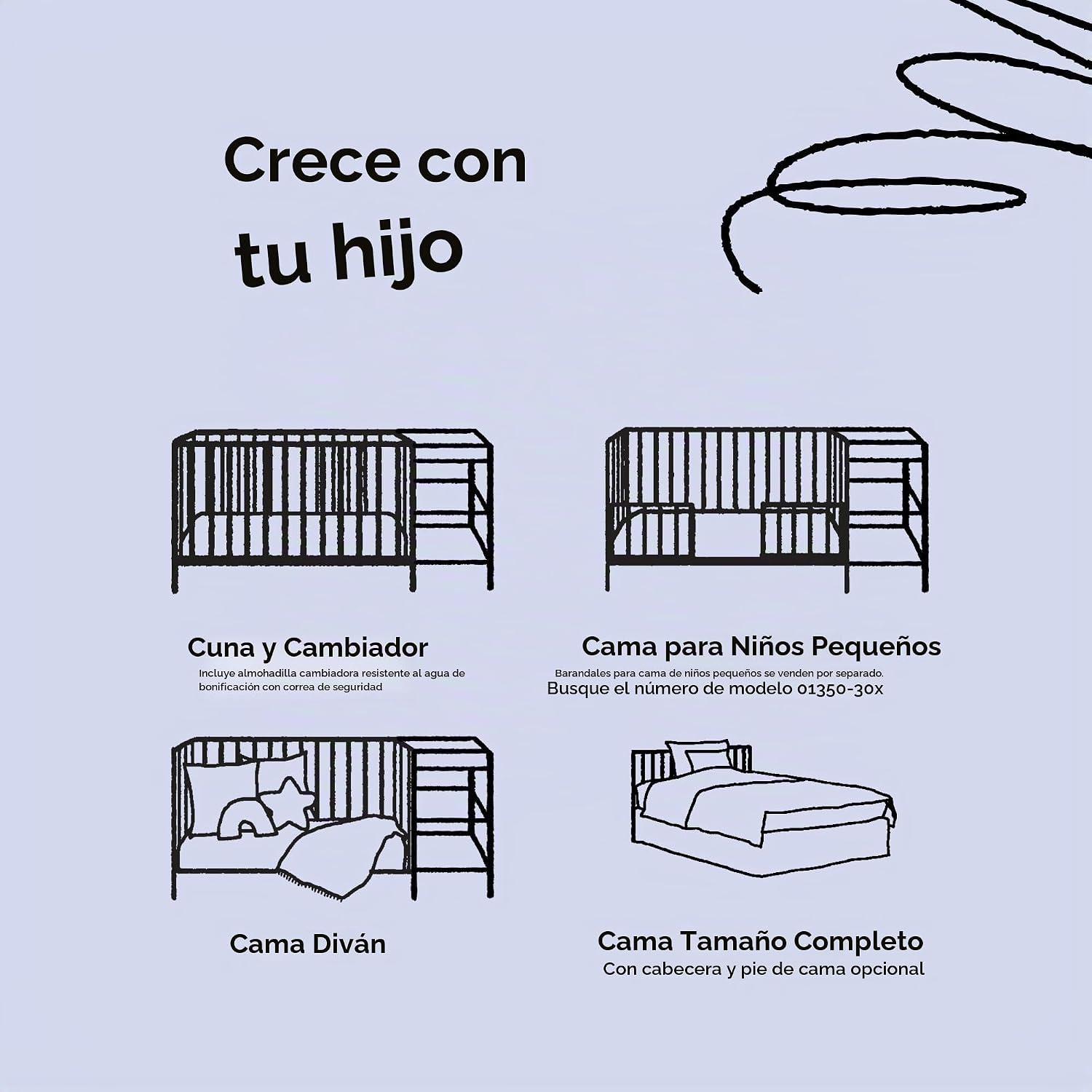Cuna convertible 5 en 1 y cambiador con cajón blanco