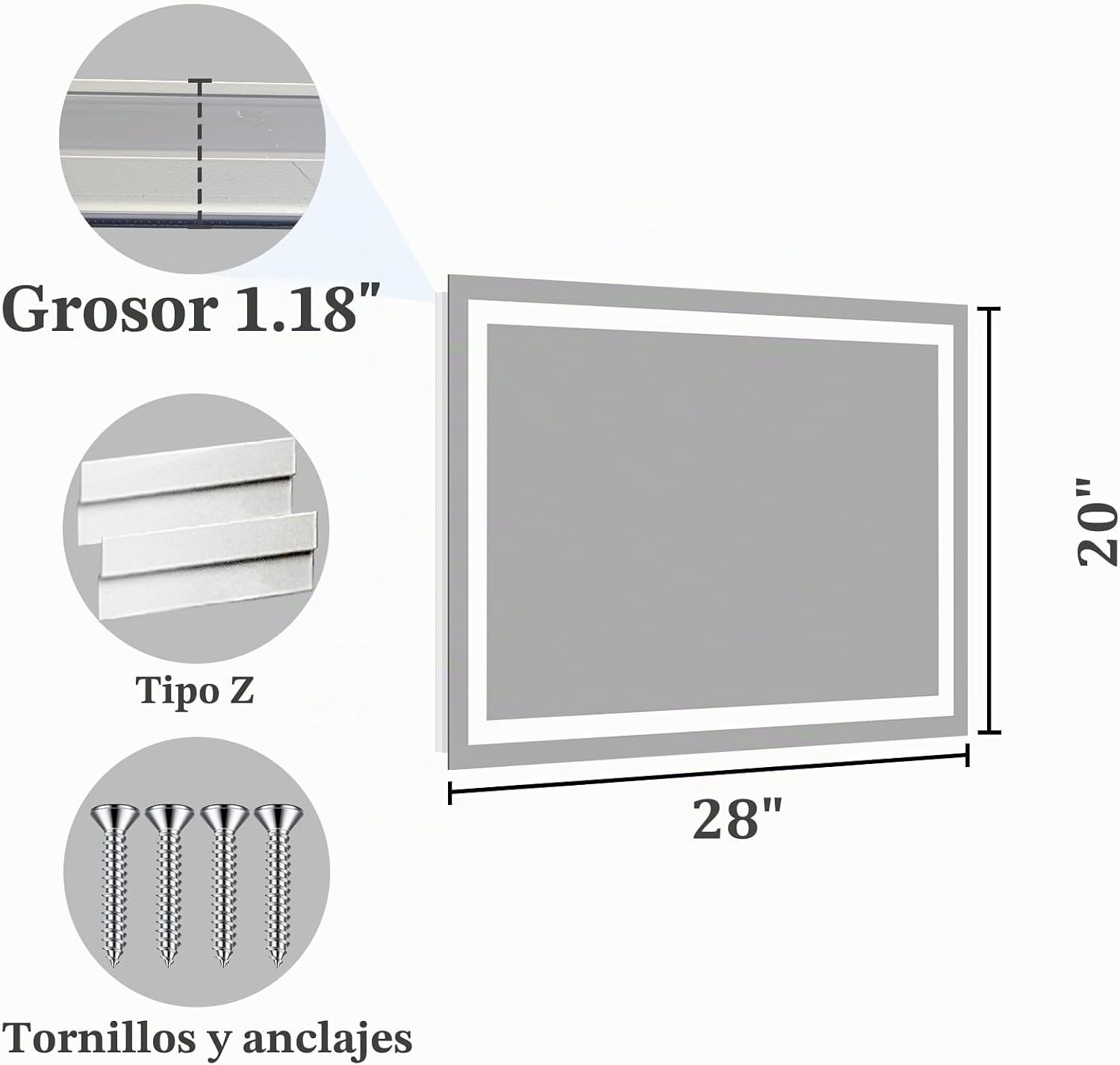 Koonmi 20x28 LED Espejo para Baño, Cristal Templado, 3 Colores Leds.