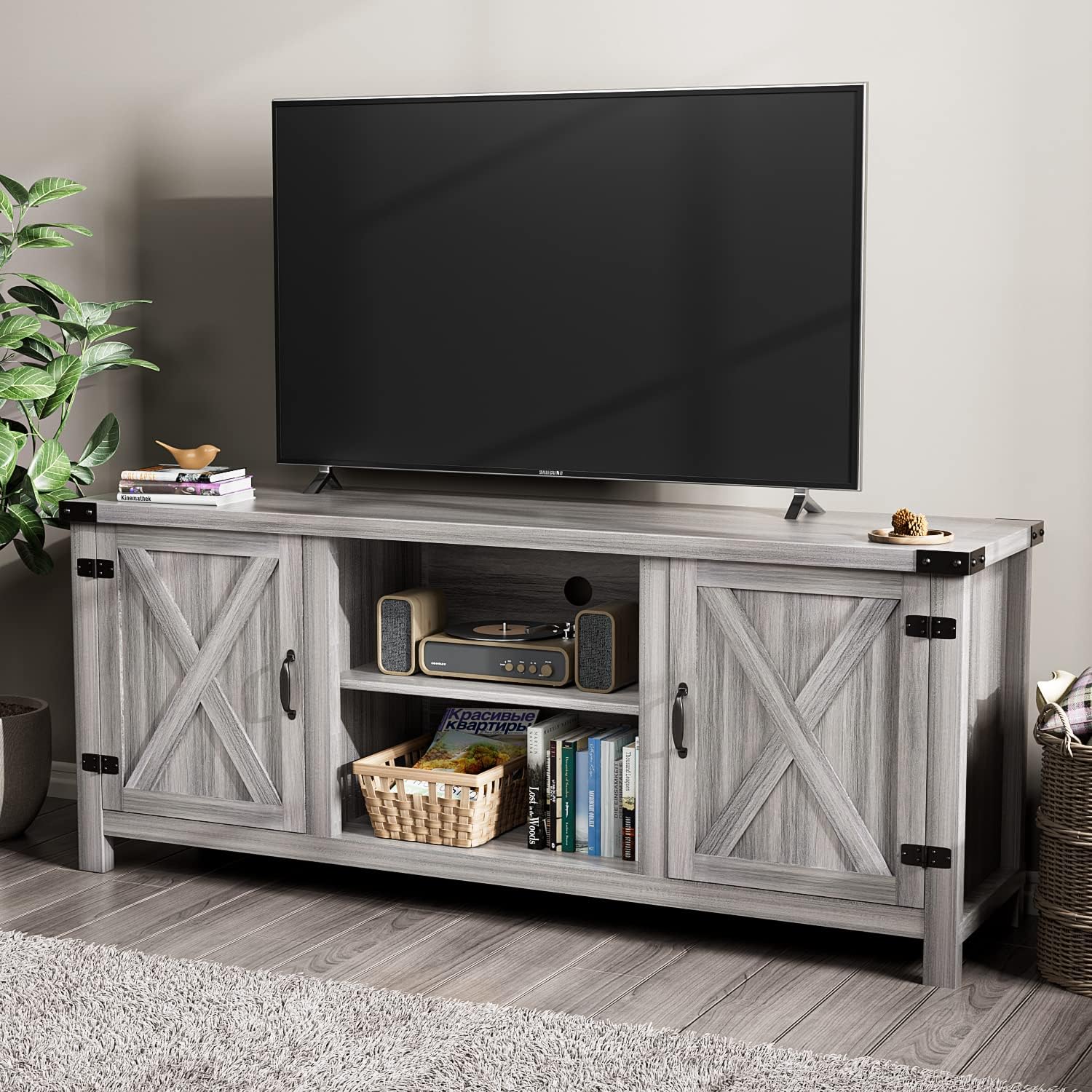 YESHOMY - Mueble moderno de madera para TV con dos puertas estilo granero y gabinetes de almacenamiento para televisores de hasta 65+ pulgadas, centro de entretenimiento, mueble multimedia para sala