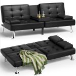 Homall Sofá Cama Futón, Sofá Futón de Cuero con Reposabrazos Removibles, Sofá Cama Reclinable para Dormir Ajustable con Portavasos Dobles para Sala de Estar, Apartamento, Oficina (Negro)