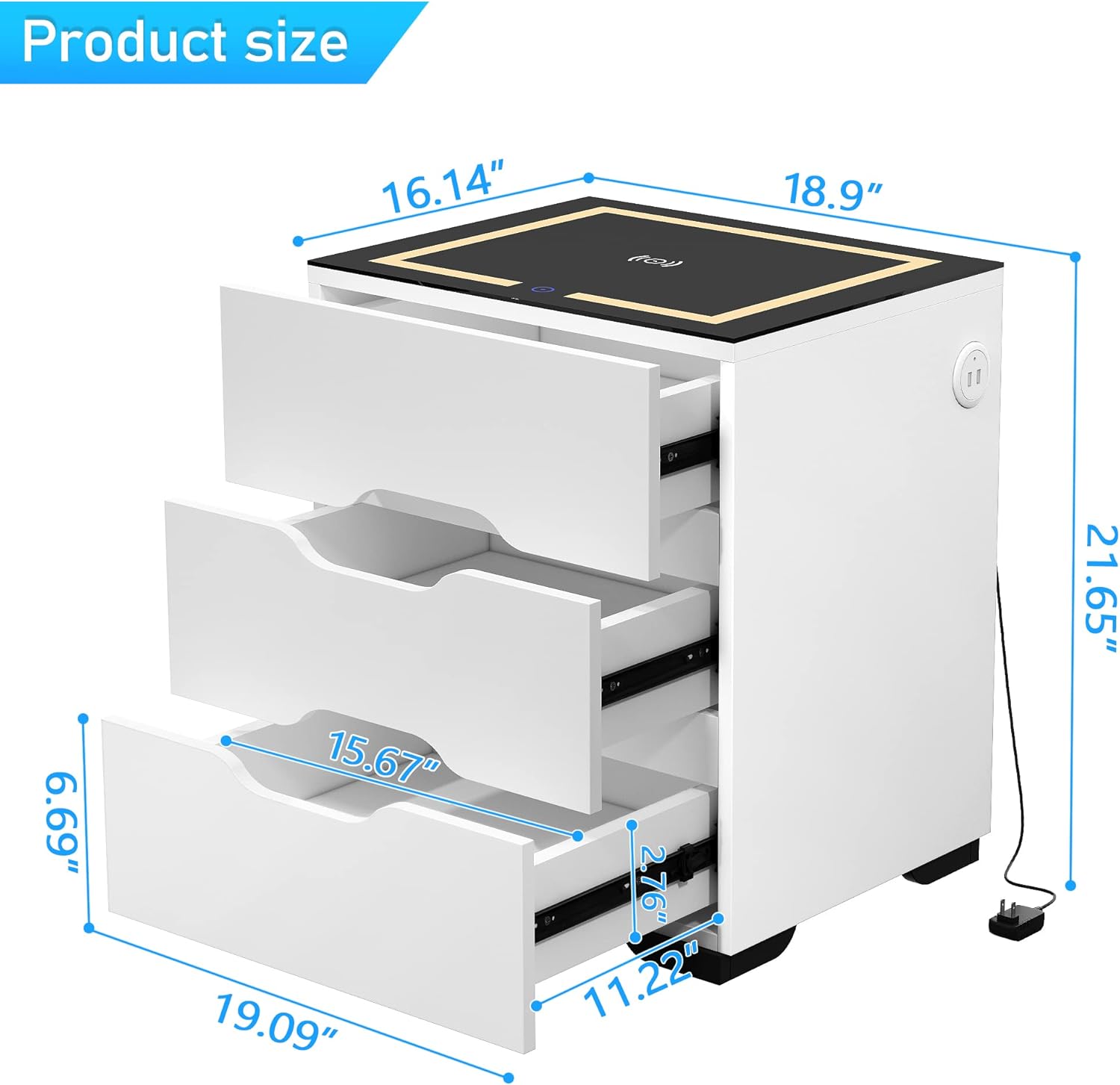 Mesita de noche inteligente negra con estación de carga inalámbrica y carga USB, mesita de noche inteligente de alto brillo con luces LED ajustables, organizador de mesa auxiliar para
