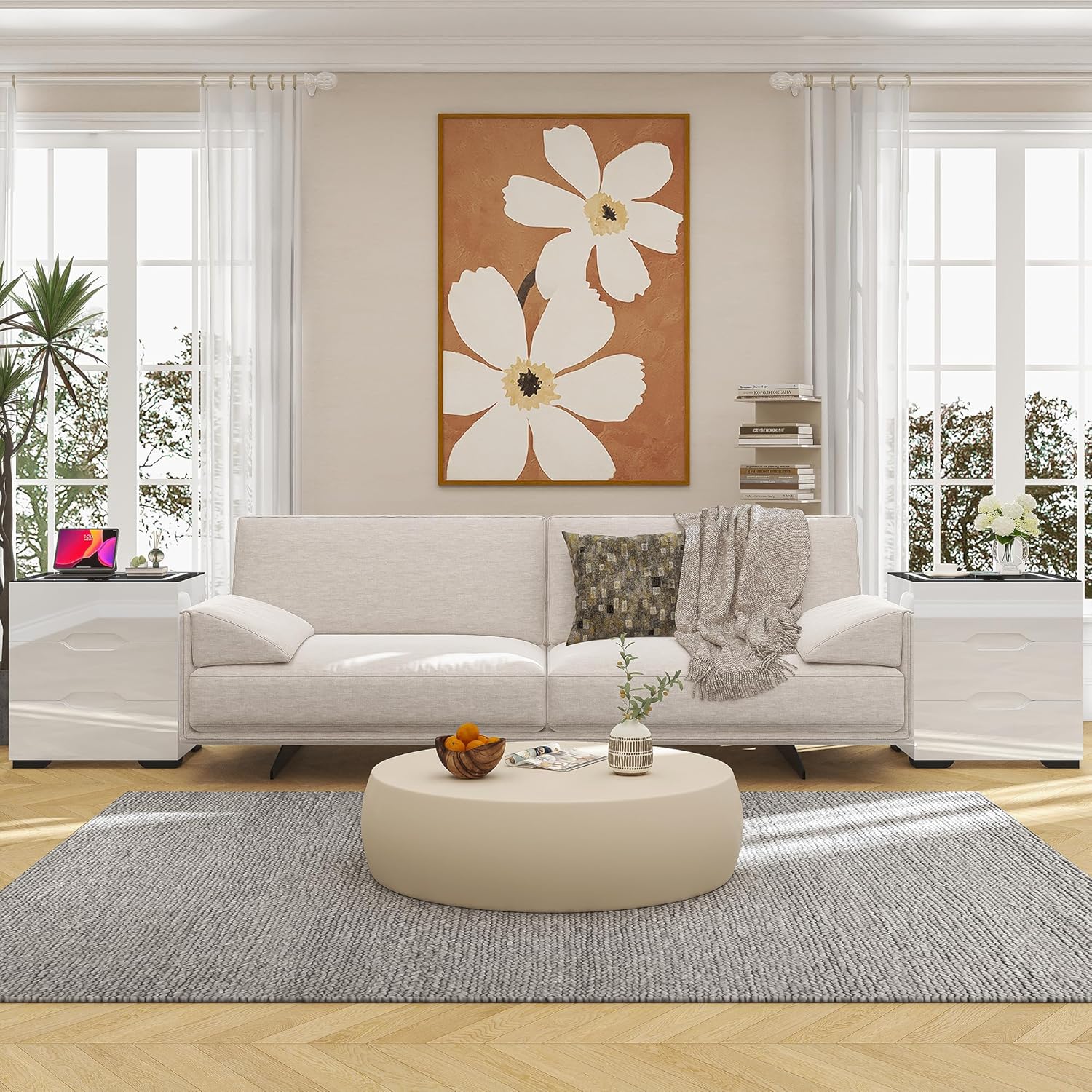 Mesita de noche inteligente negra con estación de carga inalámbrica y carga USB, mesita de noche inteligente de alto brillo con luces LED ajustables, organizador de mesa auxiliar para