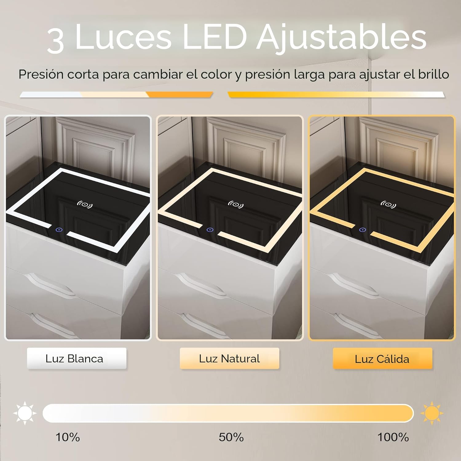 Mesita de noche inteligente negra con estación de carga inalámbrica y carga USB, mesita de noche inteligente de alto brillo con luces LED ajustables, organizador de mesa auxiliar para