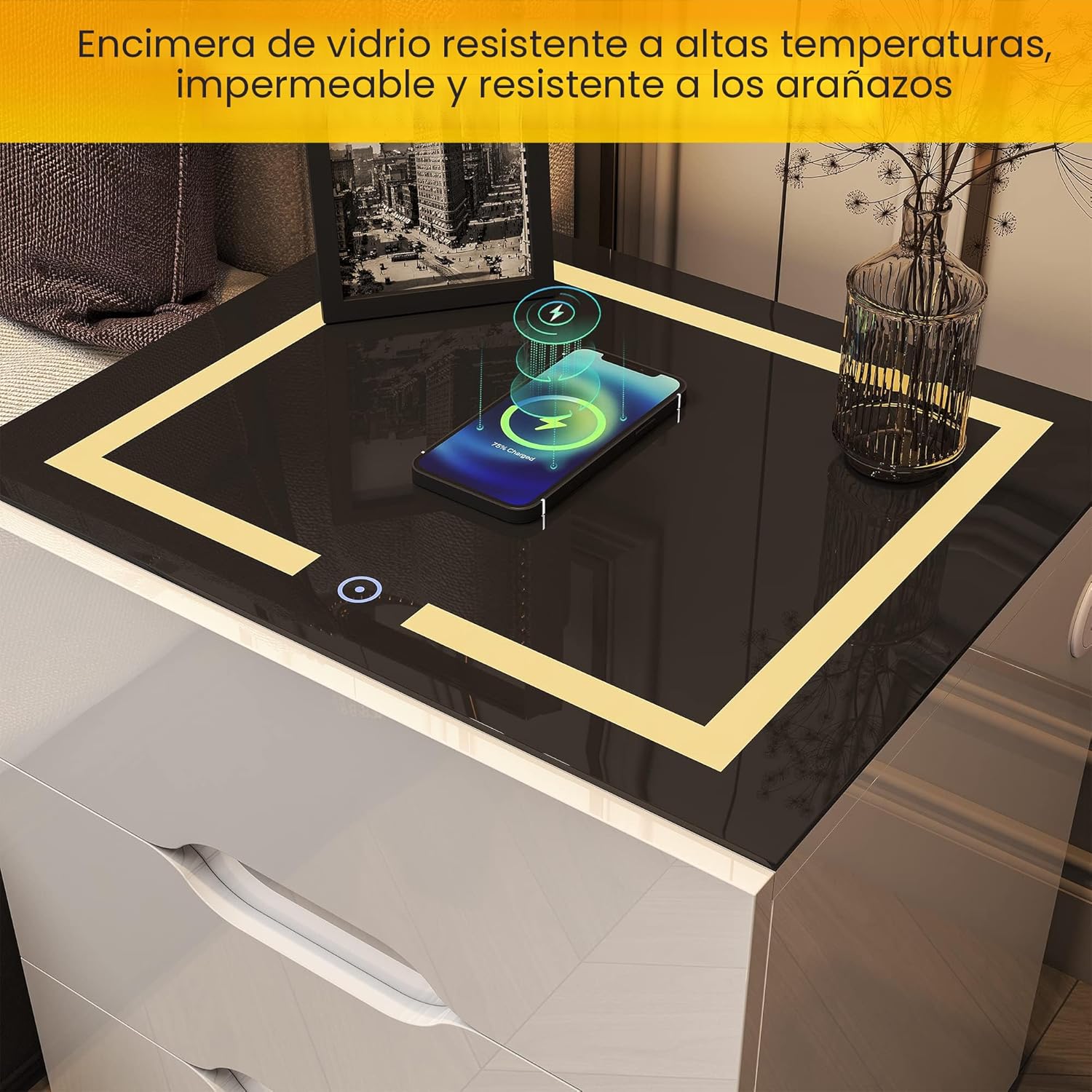 Mesita de noche inteligente negra con estación de carga inalámbrica y carga USB, mesita de noche inteligente de alto brillo con luces LED ajustables, organizador de mesa auxiliar para