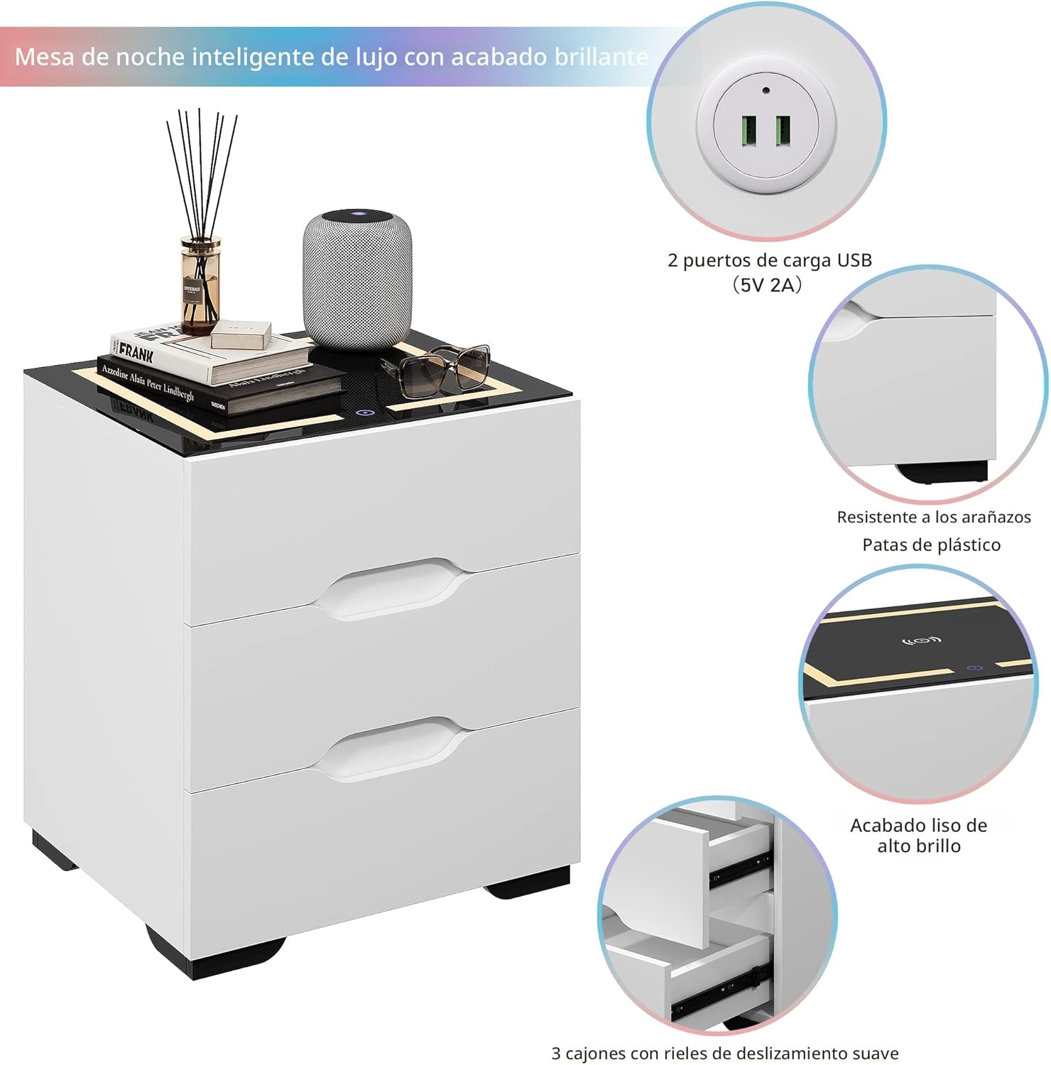 Mesita de noche inteligente negra con estación de carga inalámbrica y carga USB, mesita de noche inteligente de alto brillo con luces LED ajustables, organizador de mesa auxiliar para