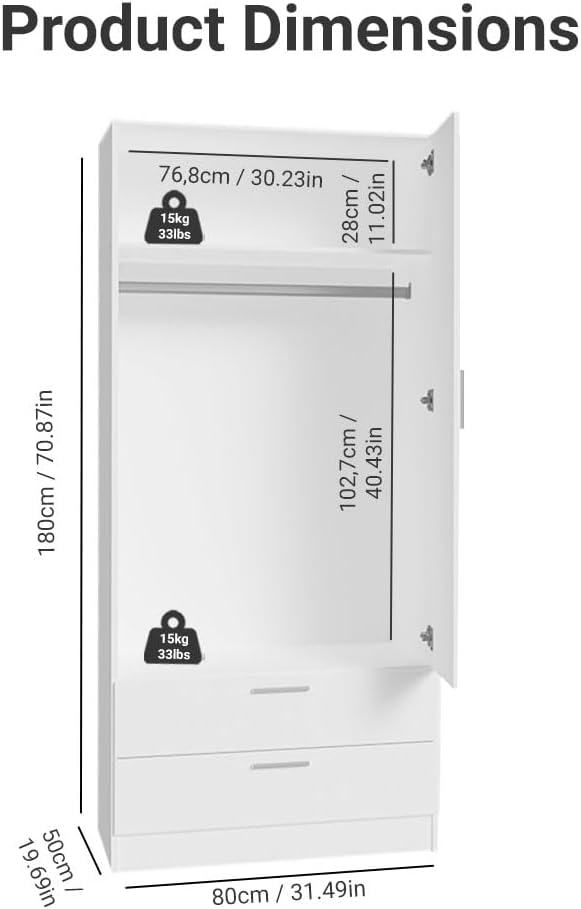 Madesa Armario de almacenamiento de 2 puertas y 2 cajones con estante y espacio para colgar, 31 pulgadas de largo, armario de madera para dormitorio y oficina (blanco)