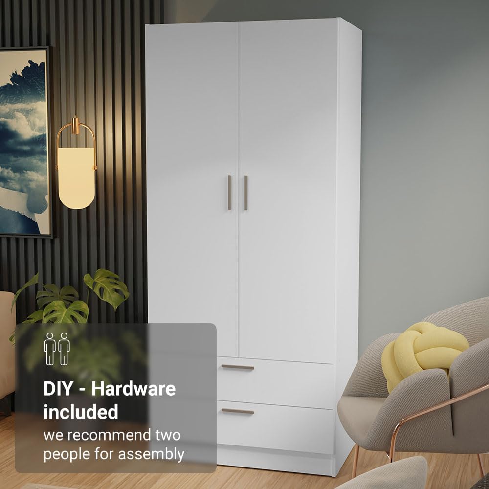 Madesa Armario de almacenamiento de 2 puertas y 2 cajones con estante y espacio para colgar, 31 pulgadas de largo, armario de madera para dormitorio y oficina (blanco)