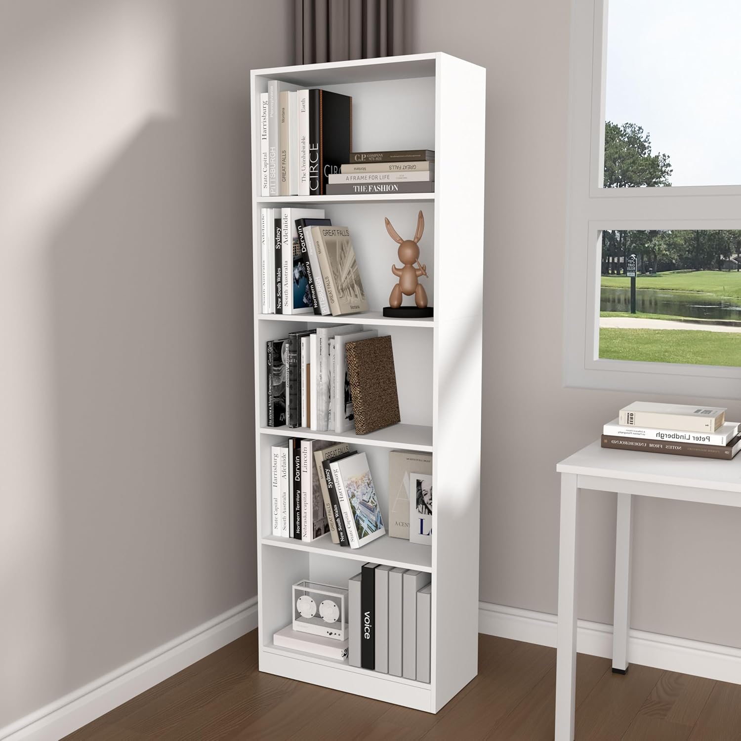 Estantería de 5 niveles de 71 pulgadas de alto, estantería independiente grande para oficina en casa y espacio de trabajo profesional, sala de estar, dormitorio y comedor, color blanco (5