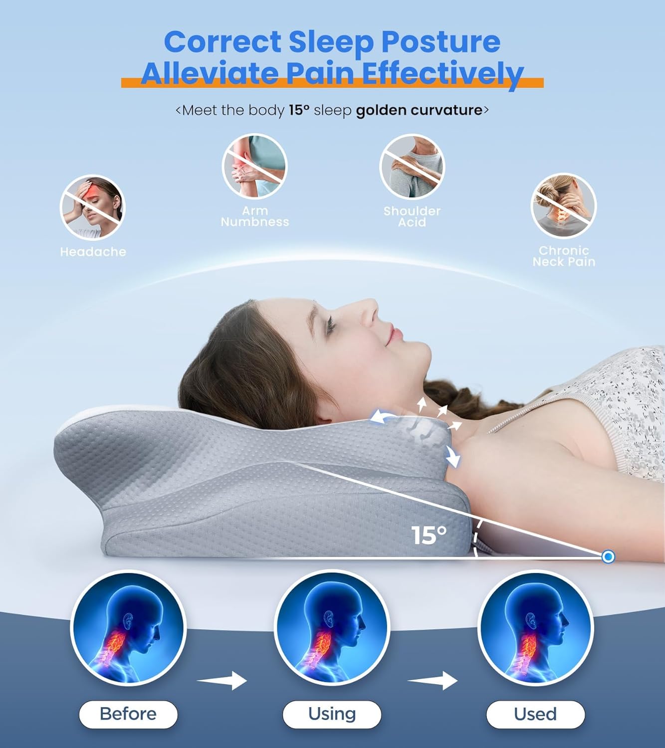 Almohada refrescante de alivio ultra del dolor para soporte del cuello, almohada cervical ajustable para dormir cómodamente, almohadas ergonómicas de espuma viscoelástica de contorno inodoras