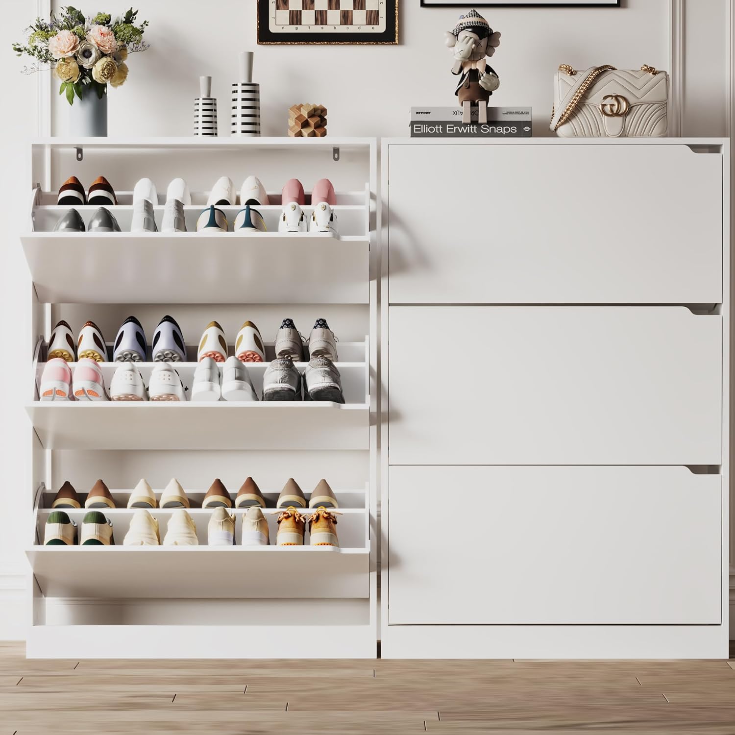 Gabinete de almacenamiento de zapatos para entrada con 3 cajones abatibles, almacenamiento de zapatos oculto de madera resistente, organizador de zapatos estrecho y delgado independiente para