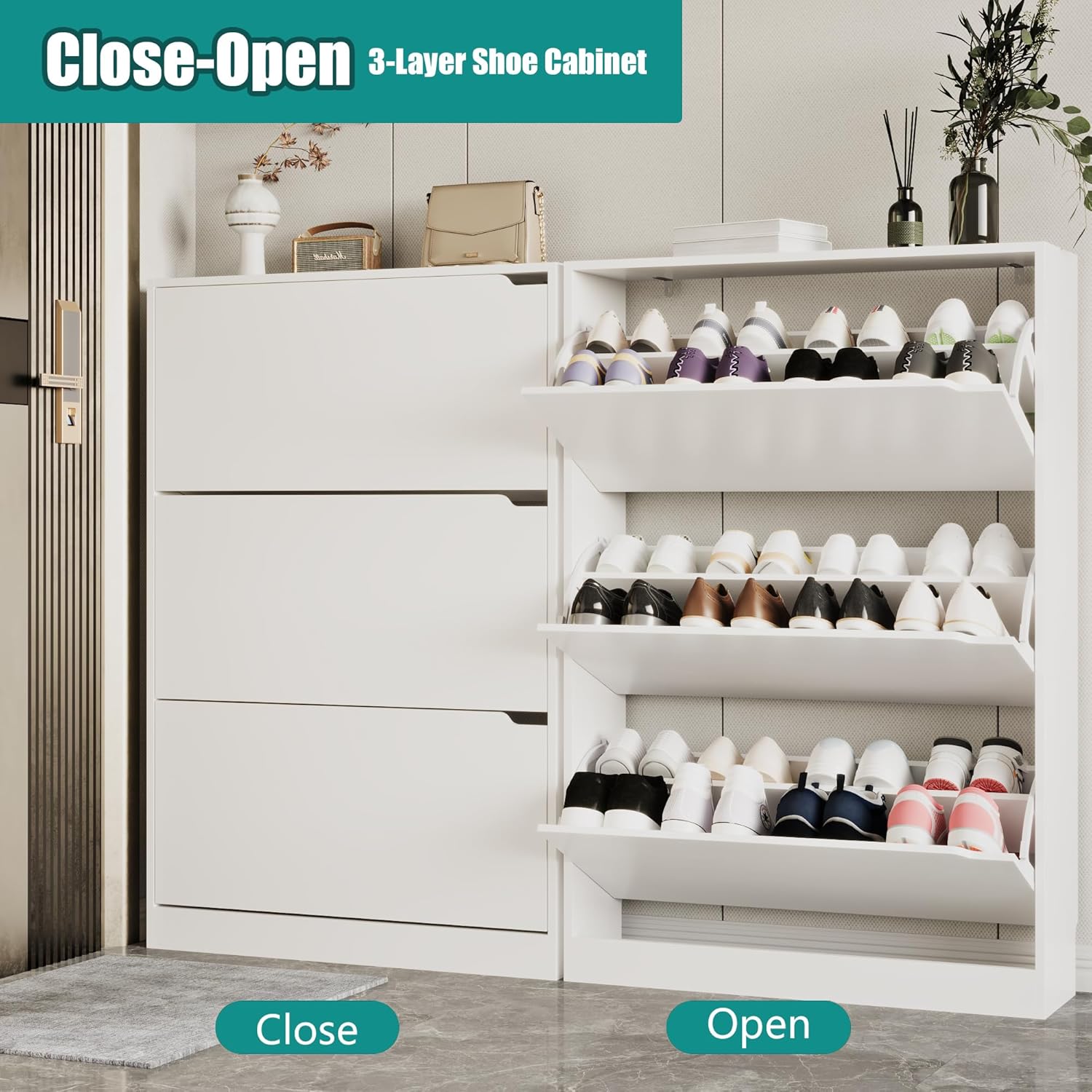 Gabinete de almacenamiento de zapatos para entrada con 3 cajones abatibles, almacenamiento de zapatos oculto de madera resistente, organizador de zapatos estrecho y delgado independiente para