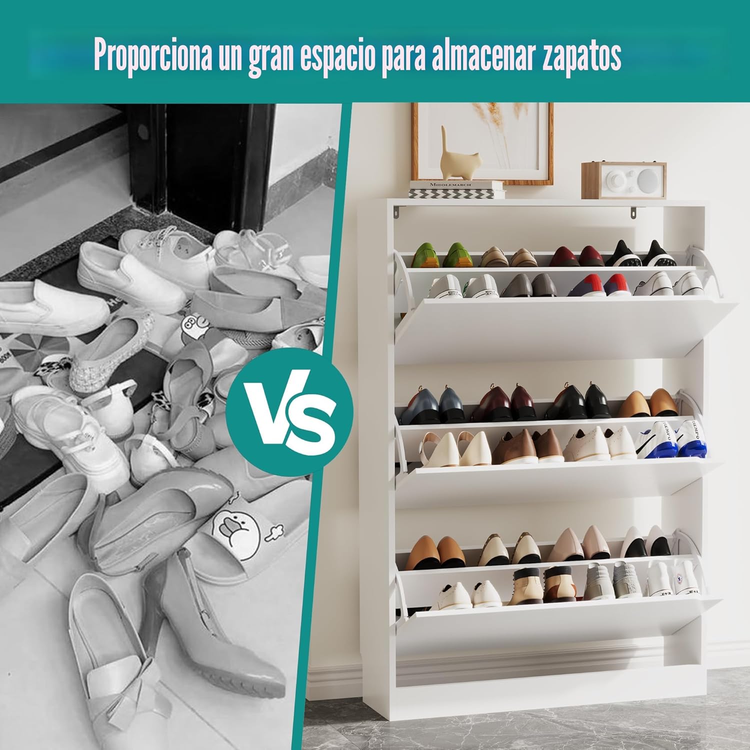 Gabinete de almacenamiento de zapatos para entrada con 3 cajones abatibles, almacenamiento de zapatos oculto de madera resistente, organizador de zapatos estrecho y delgado independiente para