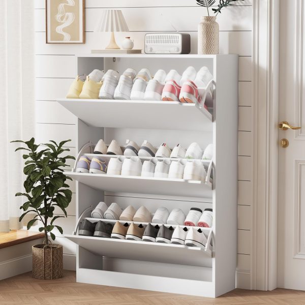 Gabinete de almacenamiento de zapatos para entrada con 3 cajones abatibles, almacenamiento de zapatos oculto de madera resistente, organizador de zapatos estrecho y delgado independiente para