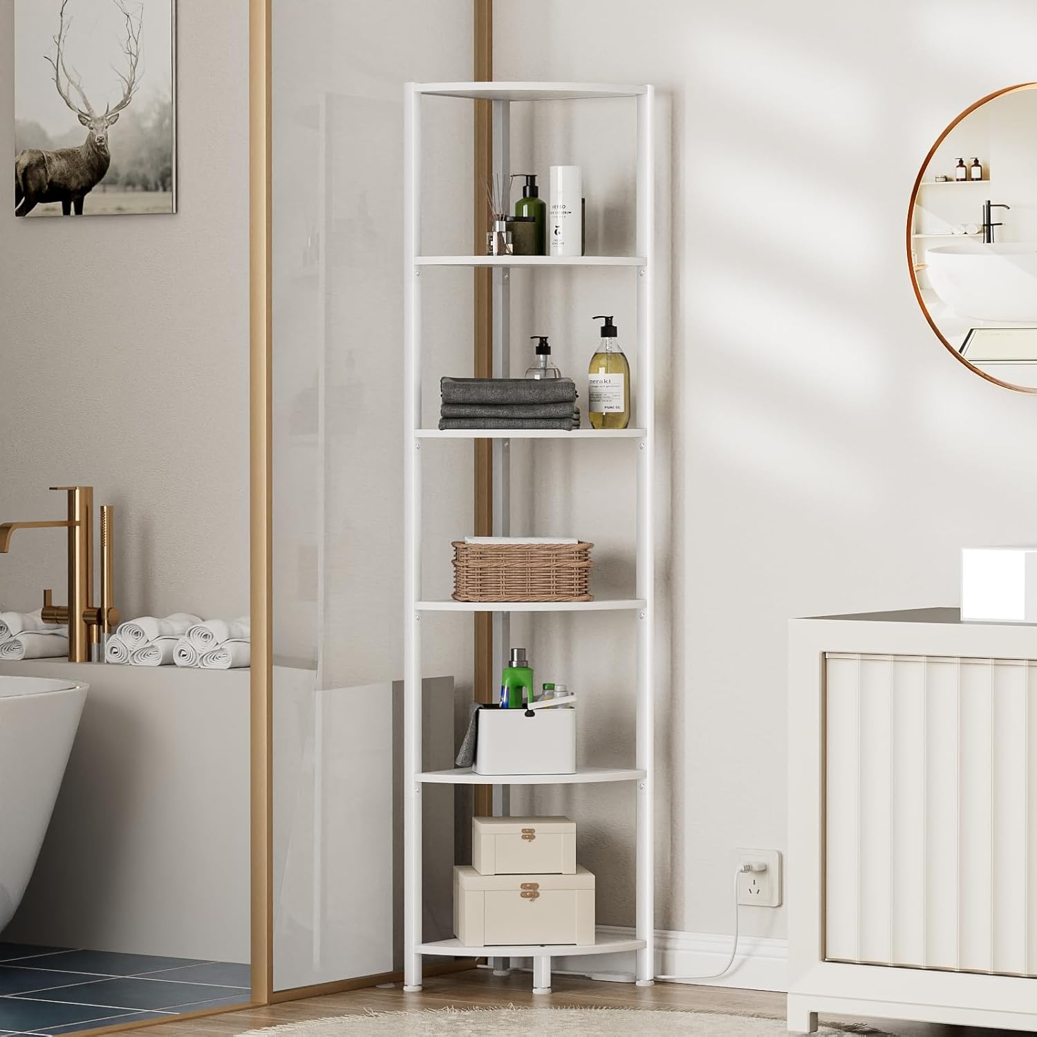Furnulem Estante esquinero de 6 niveles con luz LED, organizador de estante de pie de 67.5 pulgadas de alto, estantería estrecha blanca con estante de almacenamiento para esquina de pared, sala de