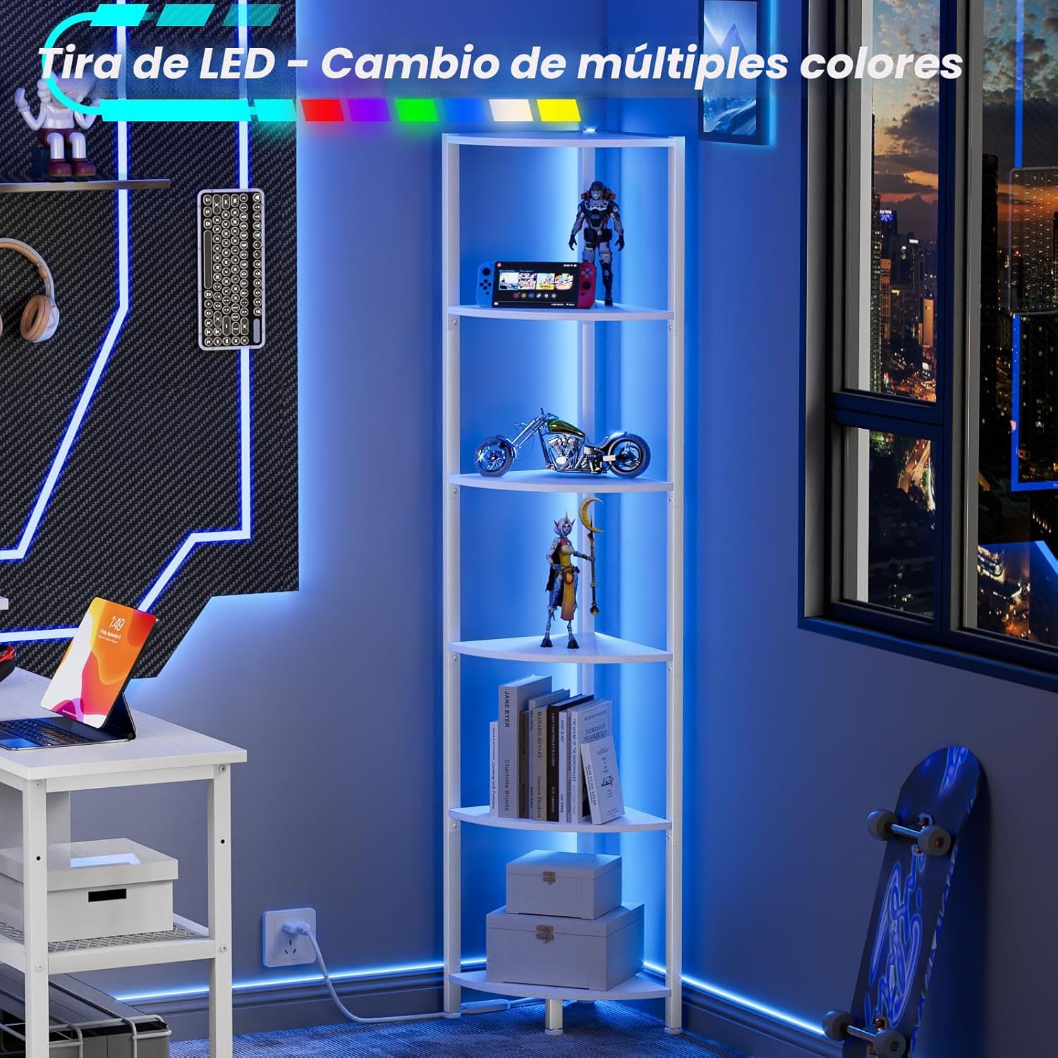 Furnulem Estante esquinero de 6 niveles con luz LED, organizador de estante de pie de 67.5 pulgadas de alto, estantería estrecha blanca con estante de almacenamiento para esquina de pared, sala de