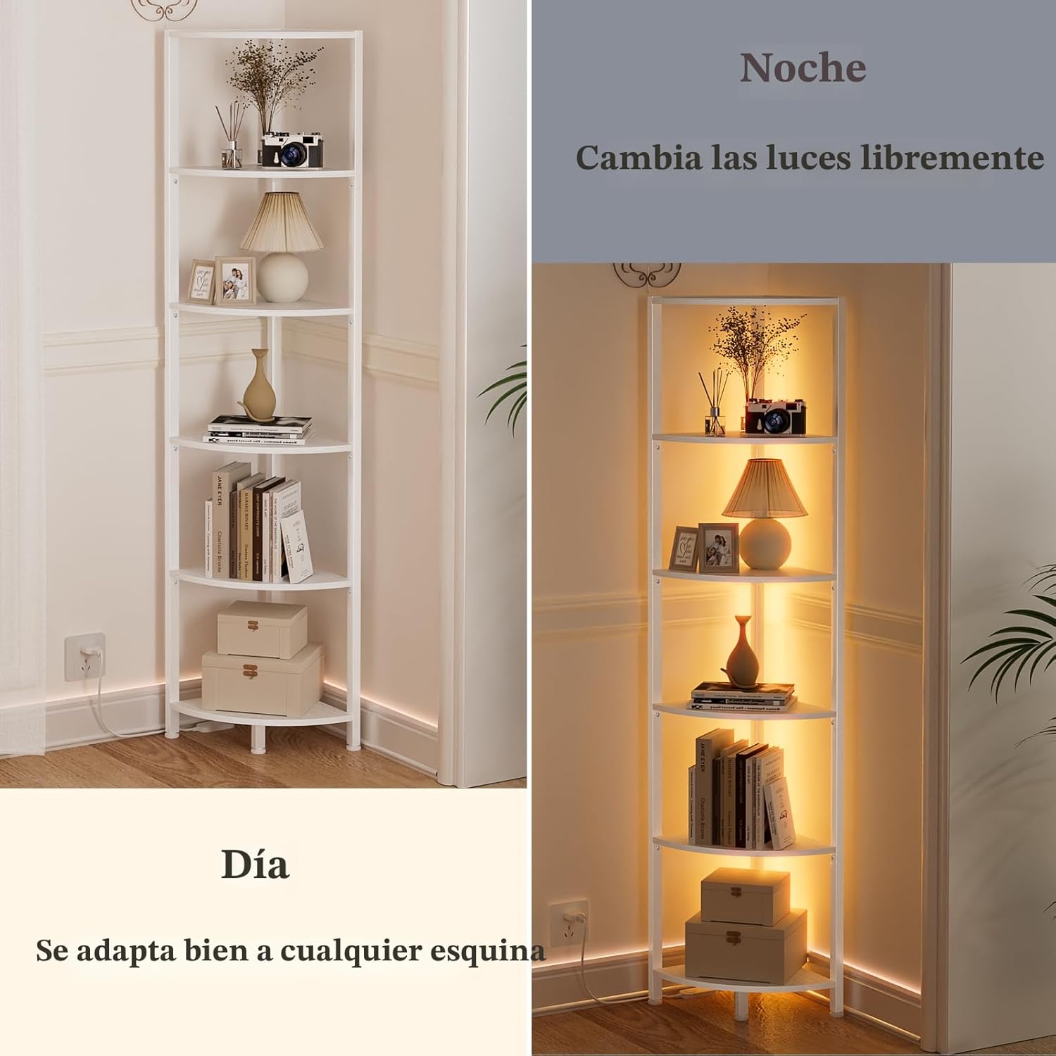 Furnulem Estante esquinero de 6 niveles con luz LED, organizador de estante de pie de 67.5 pulgadas de alto, estantería estrecha blanca con estante de almacenamiento para esquina de pared, sala de