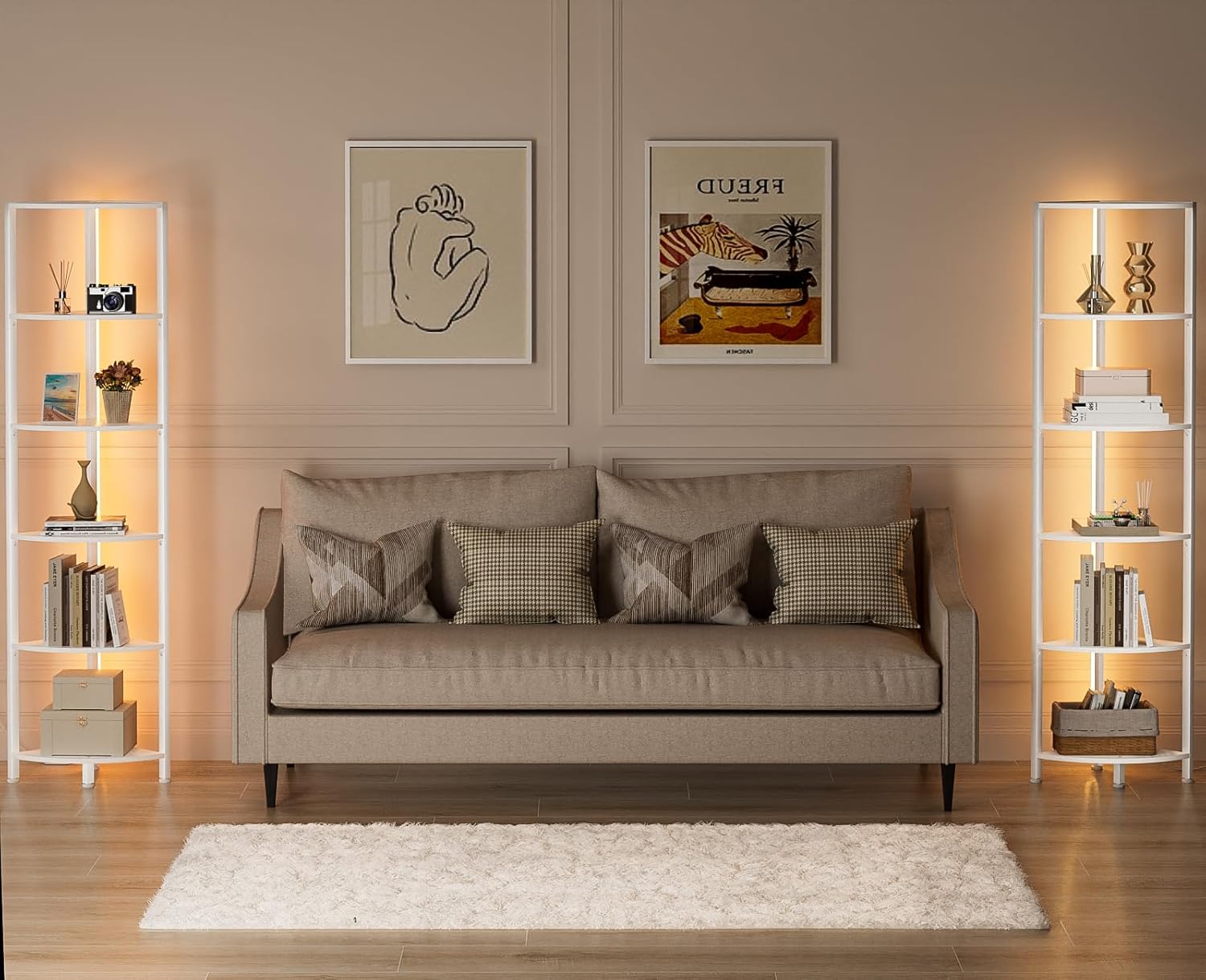 Furnulem Estante esquinero de 6 niveles con luz LED, organizador de estante de pie de 67.5 pulgadas de alto, estantería estrecha blanca con estante de almacenamiento para esquina de pared, sala de