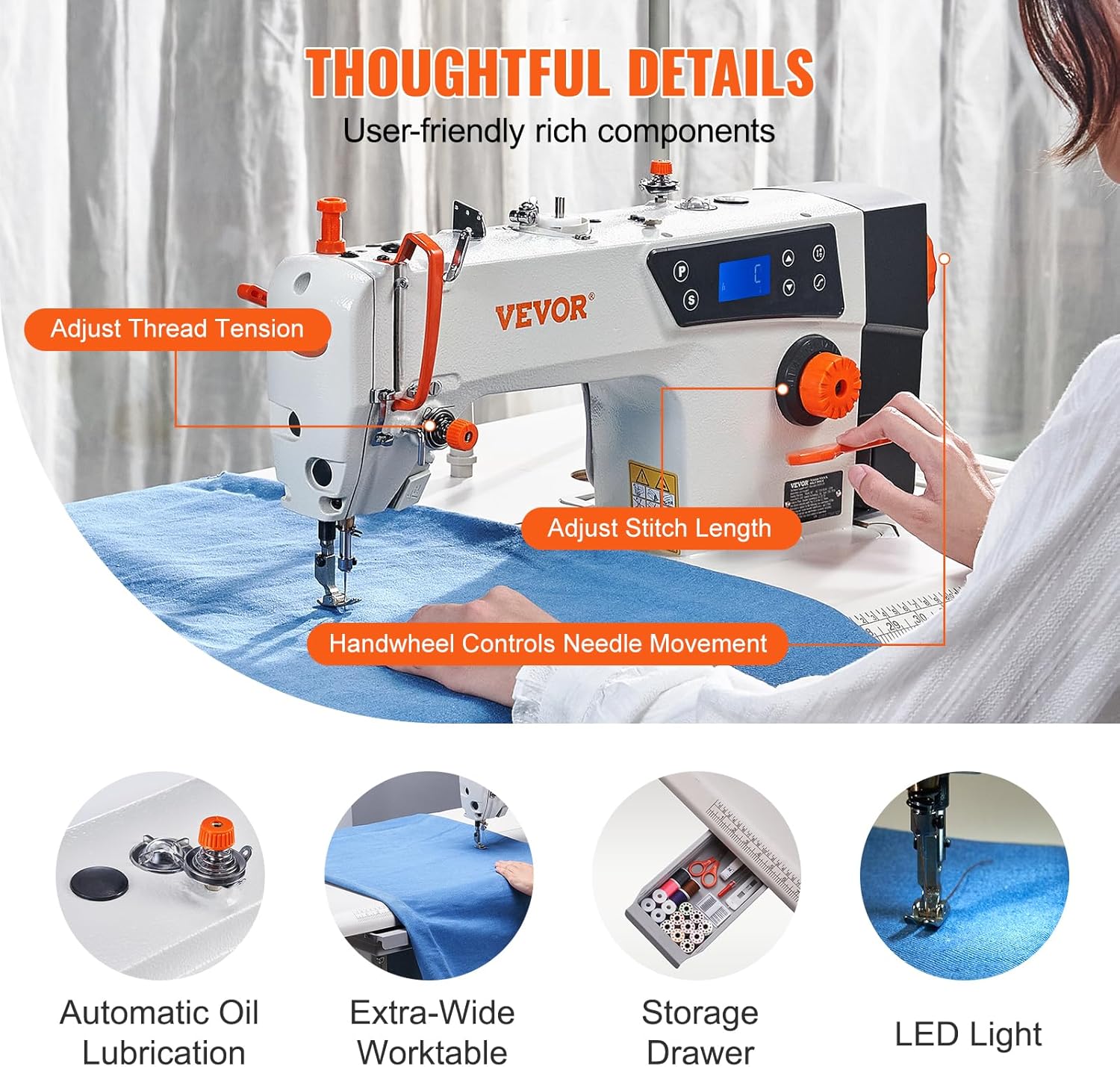 VEVOR Máquina de coser industrial, servomotor y soporte de mesa de 550 W, máquina de coser de punto de bloqueo resistente, panel de control transparente y electromecanización inteligente de arranque y