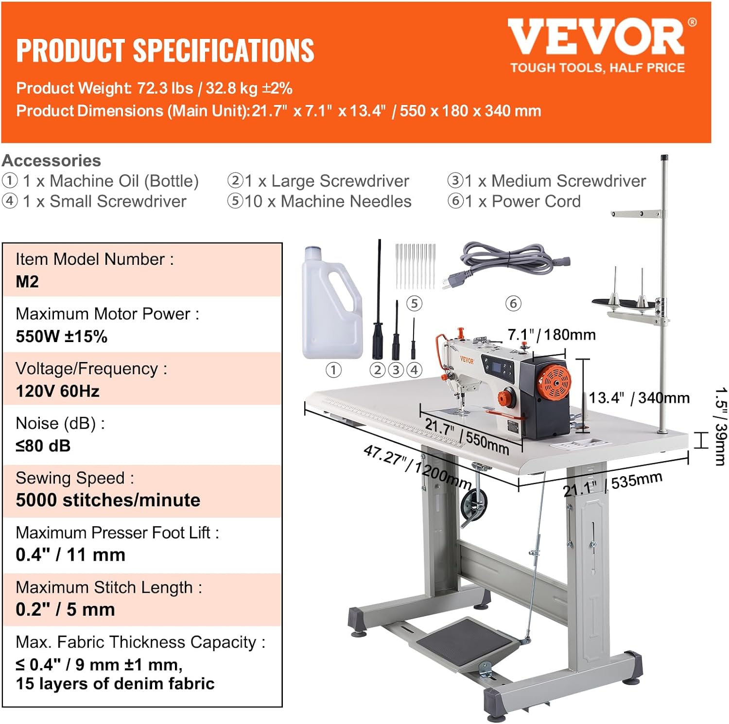 VEVOR Máquina de coser industrial, servomotor y soporte de mesa de 550 W, máquina de coser de punto de bloqueo resistente, panel de control transparente y electromecanización inteligente de arranque y
