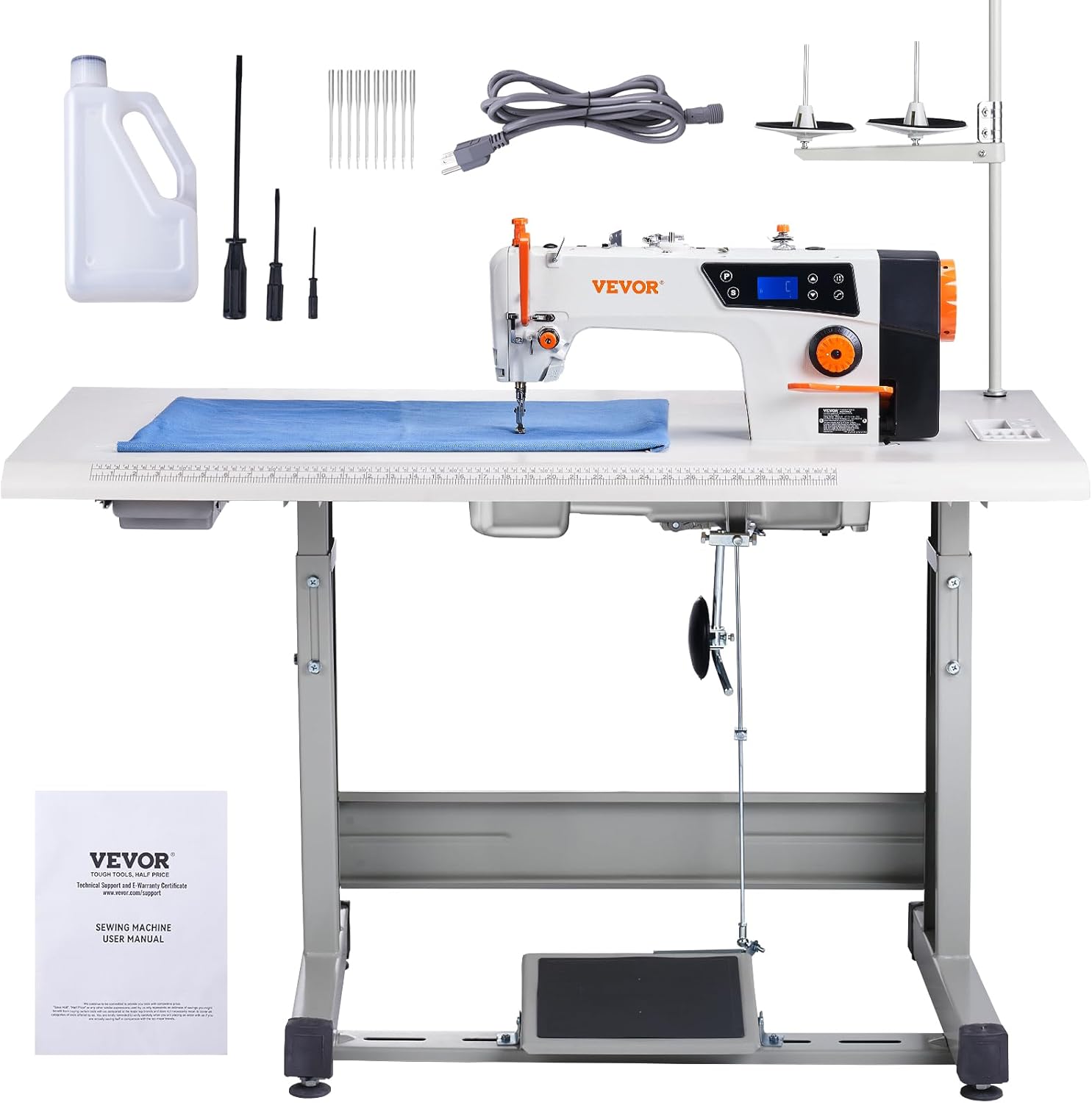 VEVOR Máquina de coser industrial, servomotor y soporte de mesa de 550 W, máquina de coser de punto de bloqueo resistente, panel de control transparente y electromecanización inteligente de arranque y