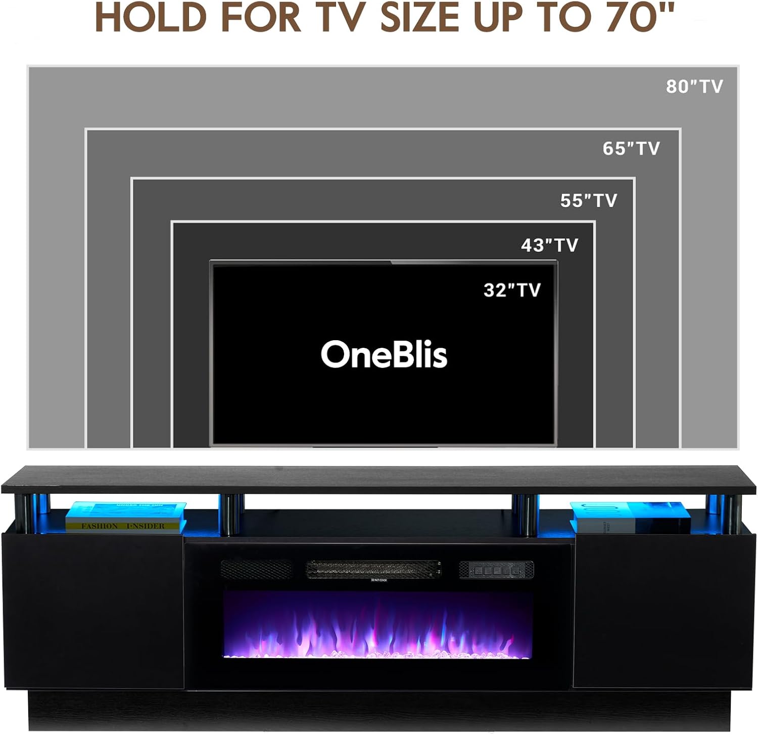 Soporte de TV de 70 pulgadas para sala de estar, centro de entretenimiento moderno y consola multimedia, se adapta a televisores de hasta 80 pulgadas, armario de almacenamiento con estantes