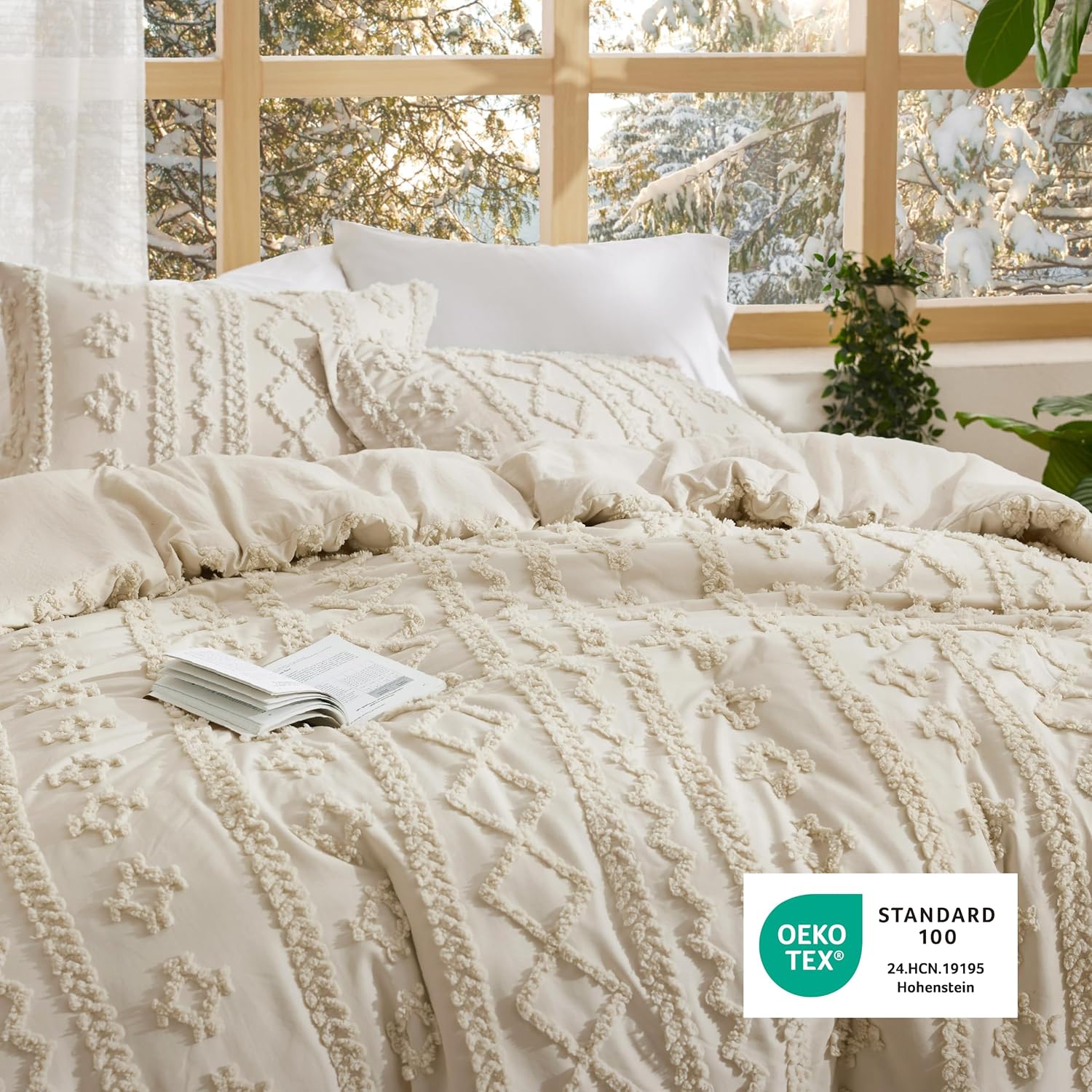 Bedsure Juego de colcha acolchada bohemio y empenachado, beige, GentleSoft™, 3 piezas, estilo rústico y desgastado, pero chic, bordado, regalo mujer, suave, jacquard, talla matrimonial, todo el año