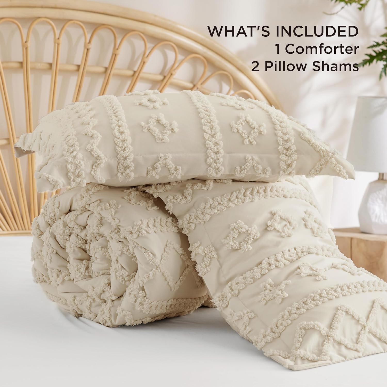 Bedsure Juego de colcha acolchada bohemio y empenachado, beige, GentleSoft™, 3 piezas, estilo rústico y desgastado, pero chic, bordado, regalo mujer, suave, jacquard, talla matrimonial, todo el año