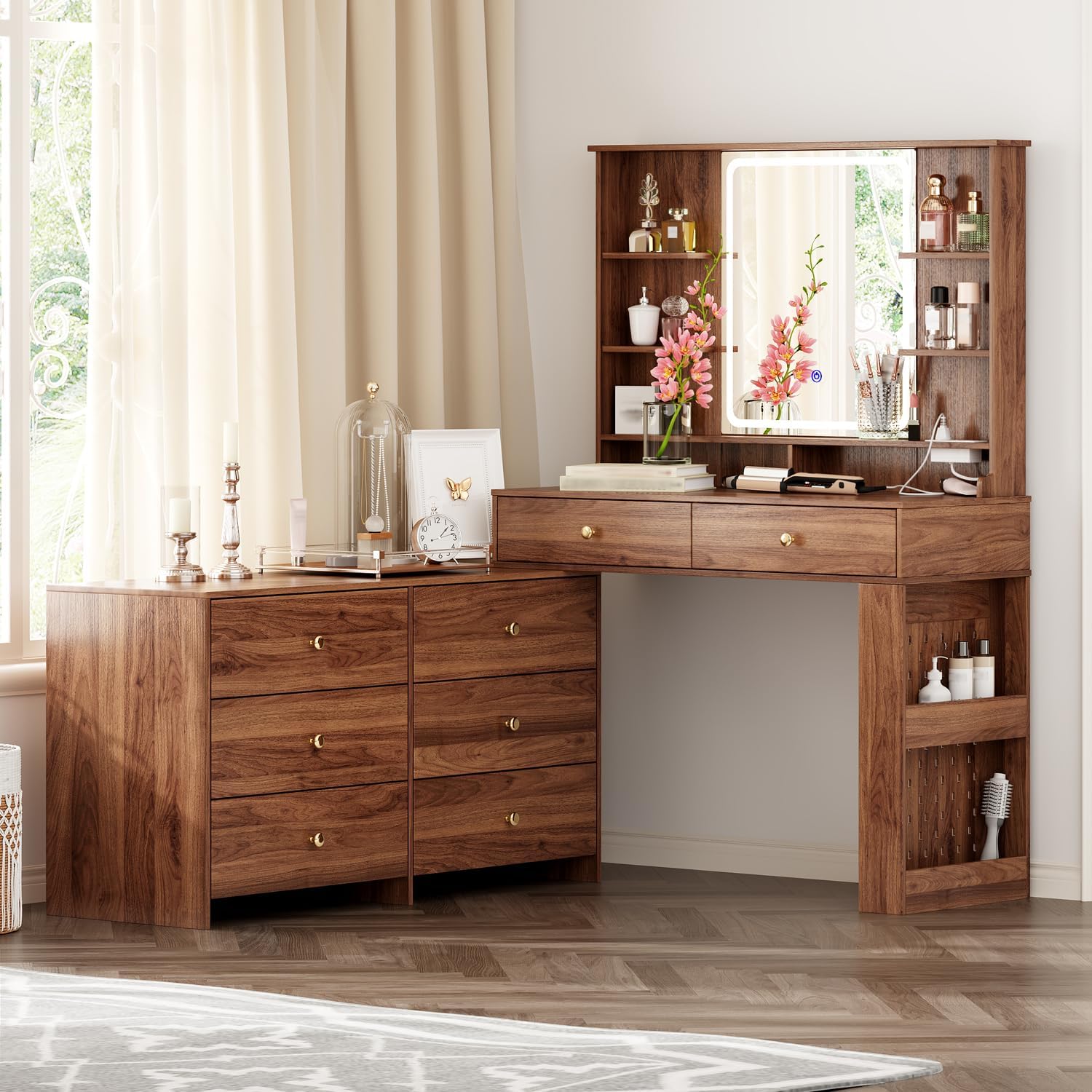 Tocador de maquillaje con espejo y luces, mesa de tocador con 8 cajones y estantes de almacenamiento, mesa de tocador con toma de corriente, 3 modos de color y brillo ajustable, para dormitorio