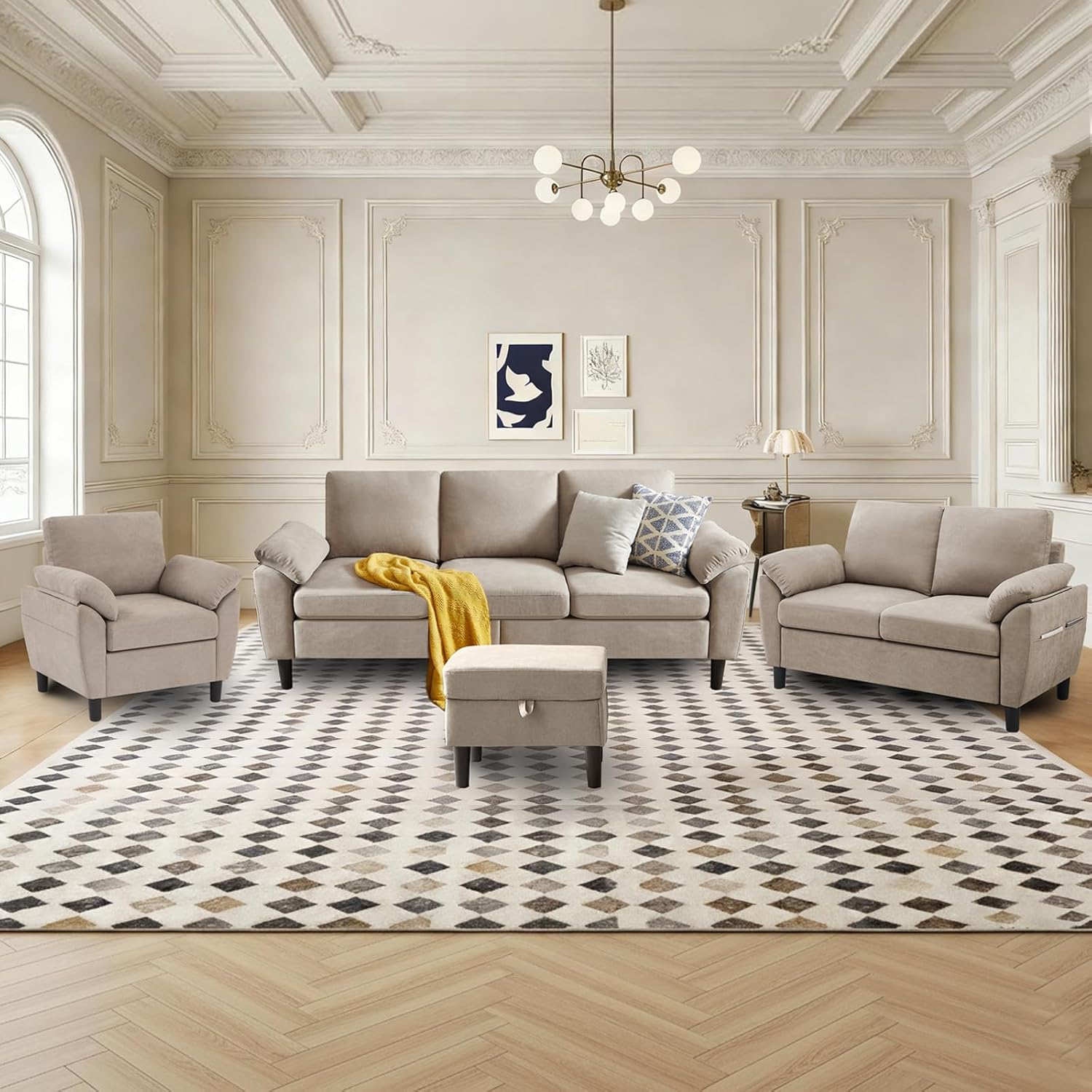 Juego de Sofá Seccional Convertible, Juego de Sofá Seccional de 4 Piezas para Sala de Estar, Apartamento, Sofá Moderno de 3 Asientos + Otomana + Loveseat + Sillón de Acento, Beige