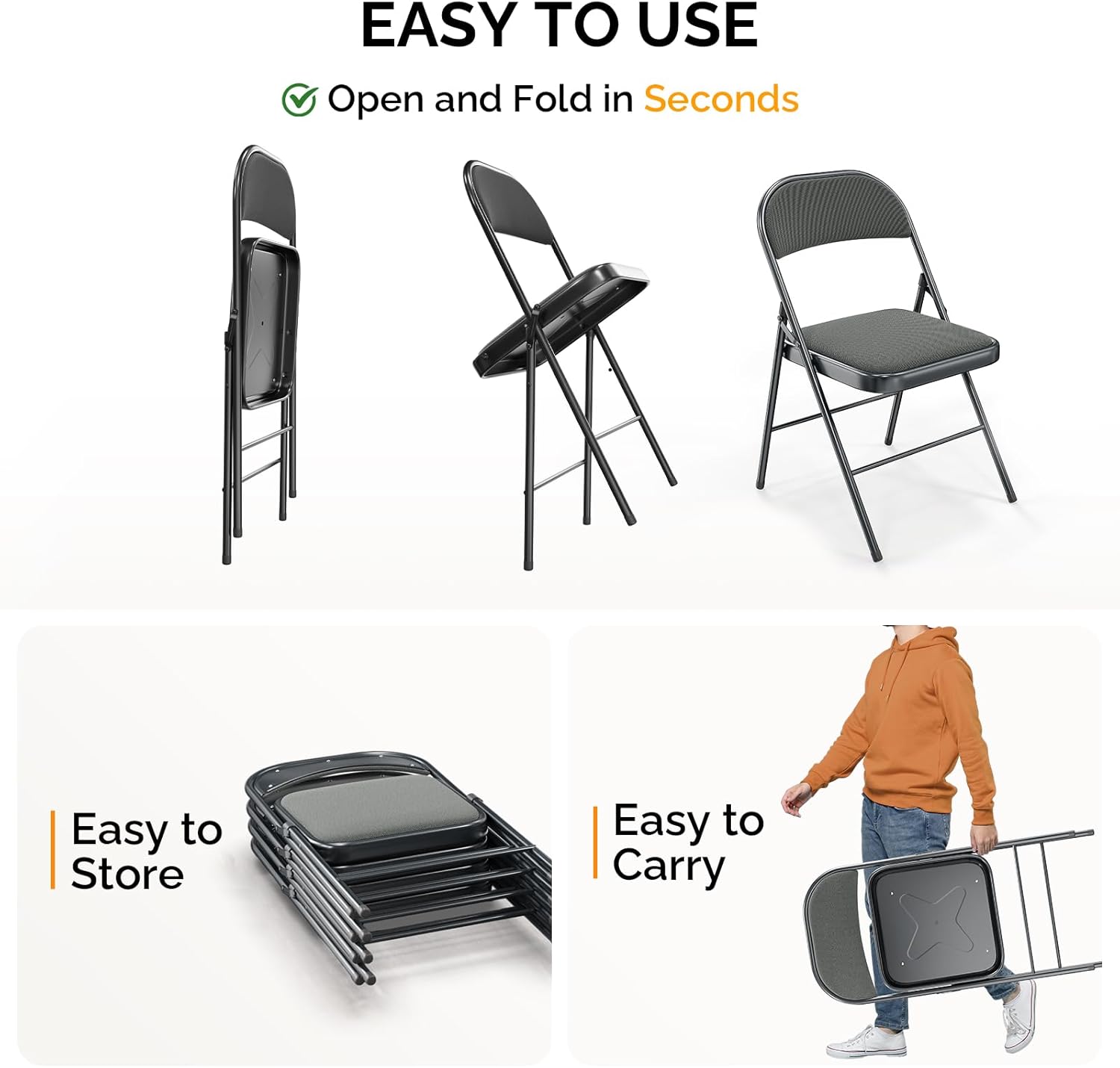 Bonnlo Silla plegable, sillas plegables acolchadas de tela con cojín, respaldo y marco de acero para interiores y exteriores, comedor, oficina, camping, gris, paquete de 10