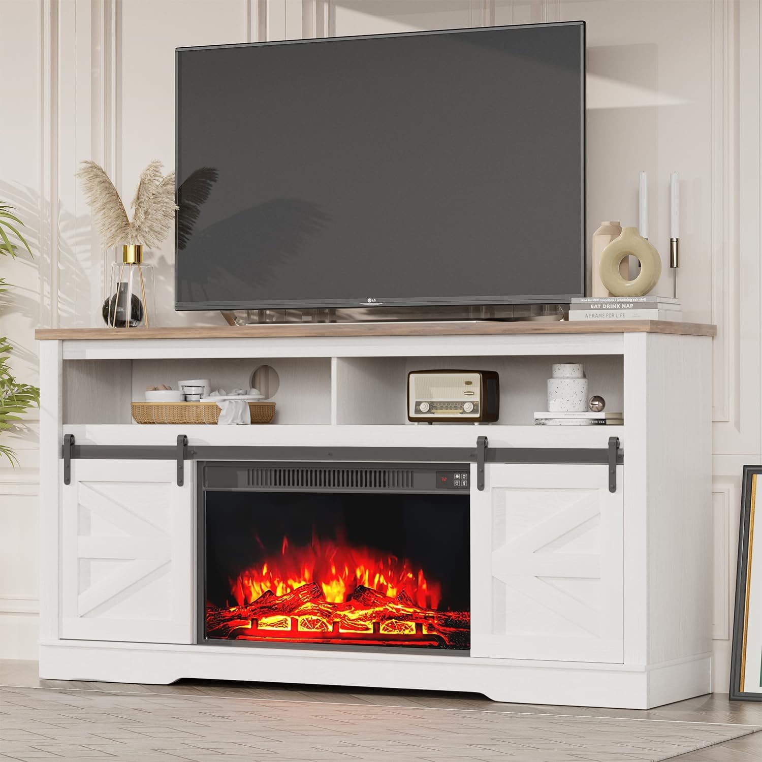 YESHOMY - Soporte con chimenea para televisión o consola multimedia de 65 pulgadas o más, con armario, estantes y puertas de granero de granja corredizas, para sala de estar, blanco