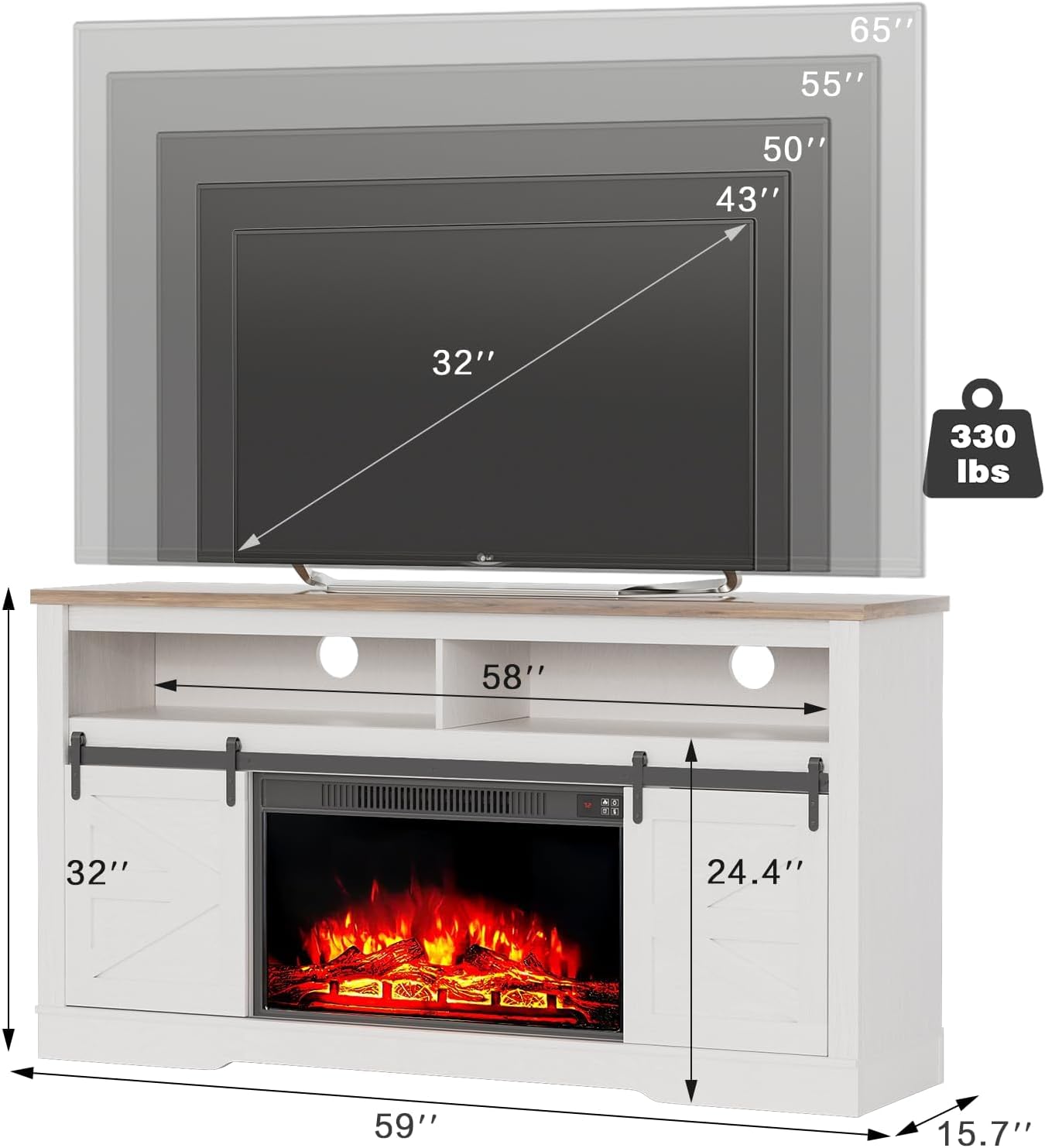 YESHOMY - Soporte con chimenea para televisión o consola multimedia de 65 pulgadas o más, con armario, estantes y puertas de granero de granja corredizas, para sala de estar, blanco