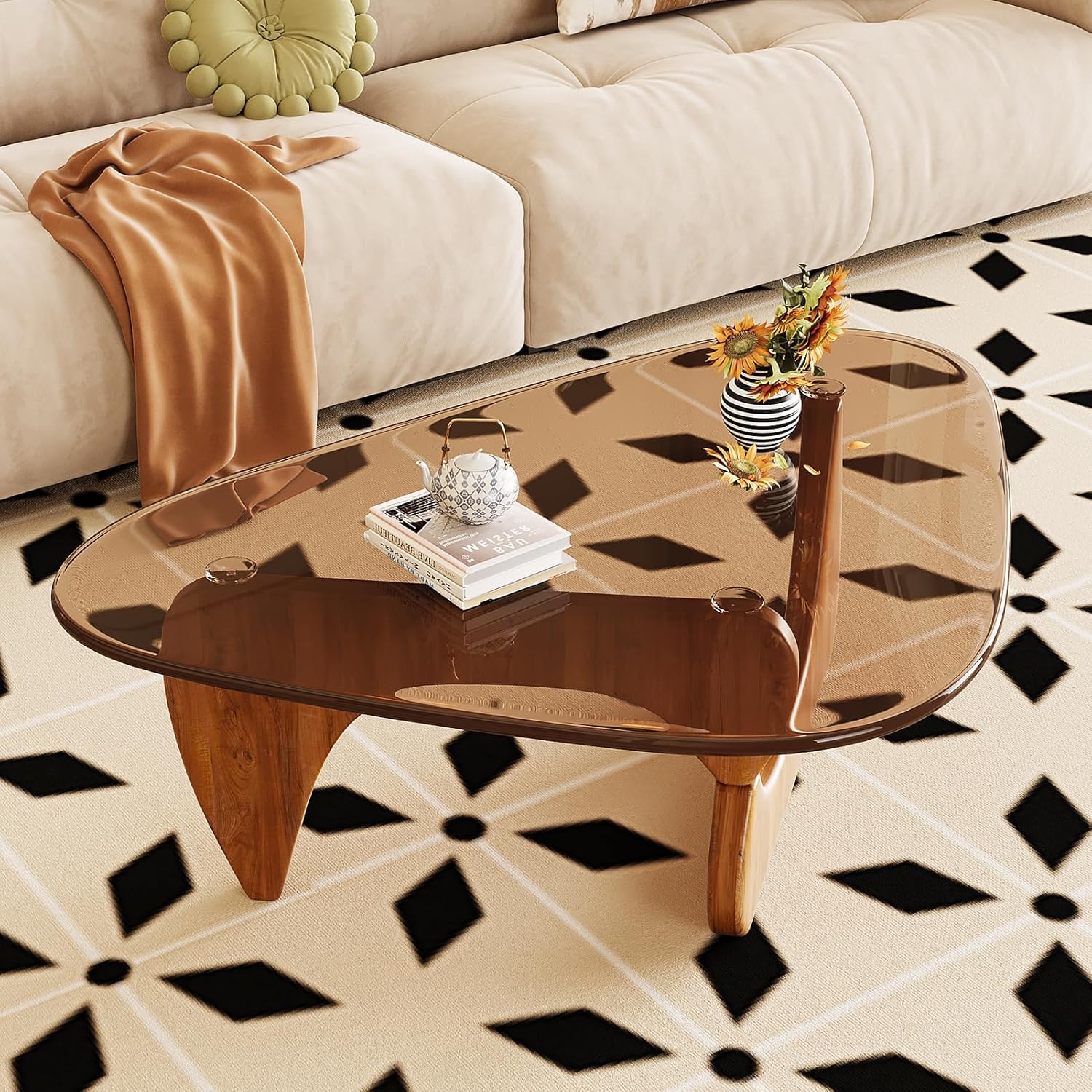 Mesa central moderna de mediados de siglo con parte superior de vidrio y madera, marrón/nogal