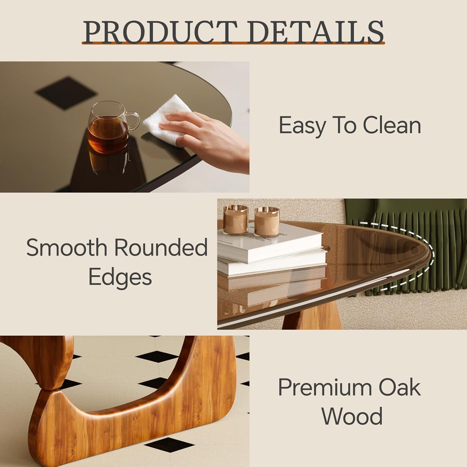 Mesa central moderna de mediados de siglo con parte superior de vidrio y madera, marrón/nogal