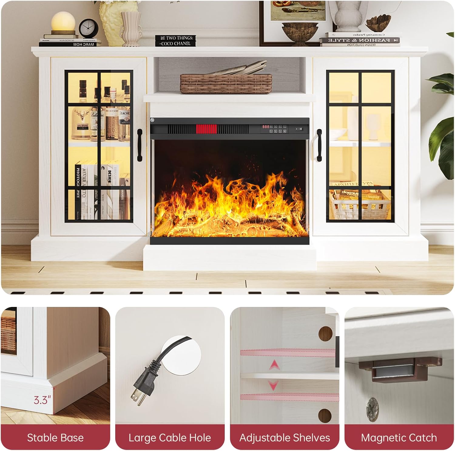 Multimueble para TV de hasta 65 pulgadas con chimenea de 59 pulgadas, centro de entretenimiento con puertas de vidrio en 3 lados llama LED ajustable con color, para sala de estar, color blanco