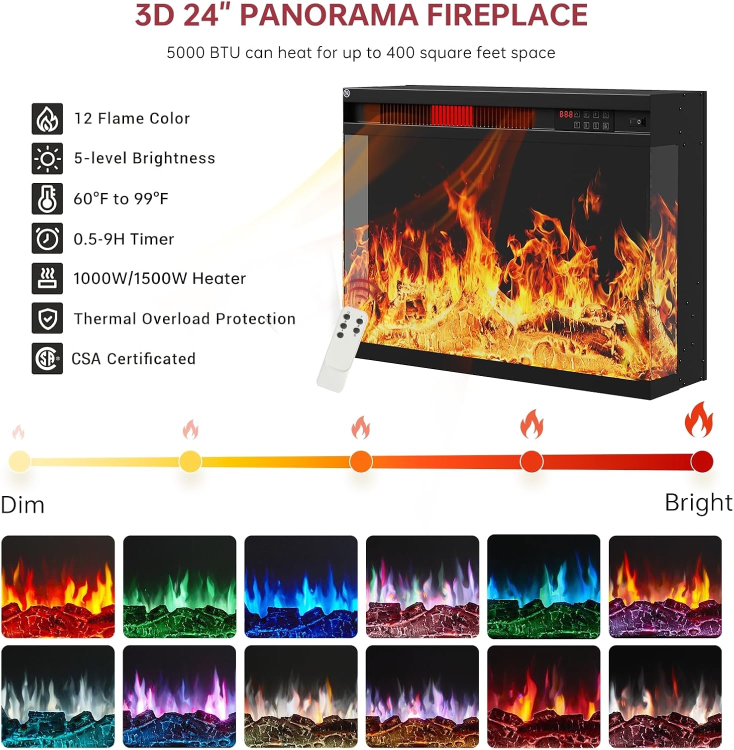 Multimueble para TV de hasta 65 pulgadas con chimenea de 59 pulgadas, centro de entretenimiento con puertas de vidrio en 3 lados llama LED ajustable con color, para sala de estar, color blanco