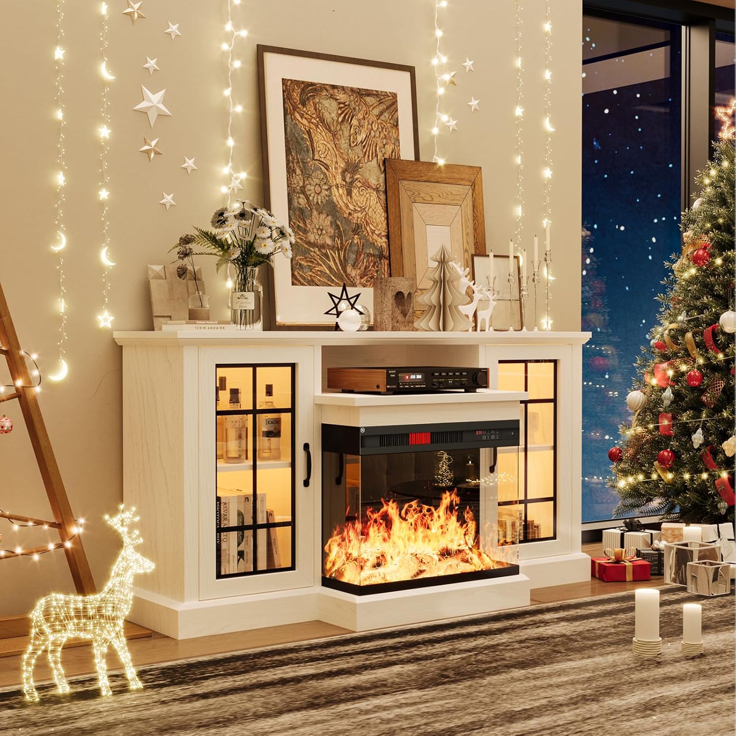 Multimueble para TV de hasta 65 pulgadas con chimenea de 59 pulgadas, centro de entretenimiento con puertas de vidrio en 3 lados llama LED ajustable con color, para sala de estar, color blanco