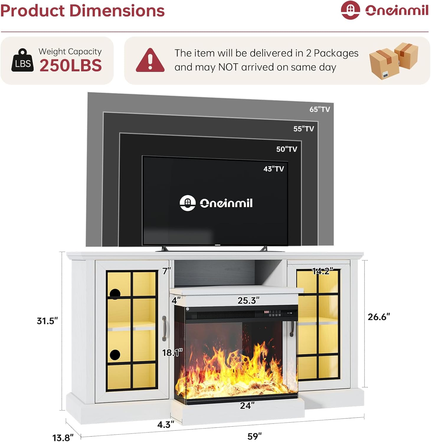 Multimueble para TV de hasta 65 pulgadas con chimenea de 59 pulgadas, centro de entretenimiento con puertas de vidrio en 3 lados llama LED ajustable con color, para sala de estar, color blanco