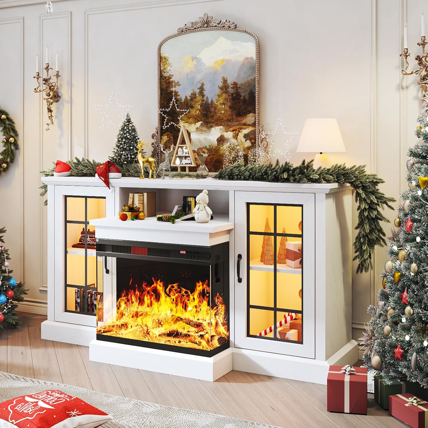 Multimueble para TV de hasta 65 pulgadas con chimenea de 59 pulgadas, centro de entretenimiento con puertas de vidrio en 3 lados llama LED ajustable con color, para sala de estar, color blanco