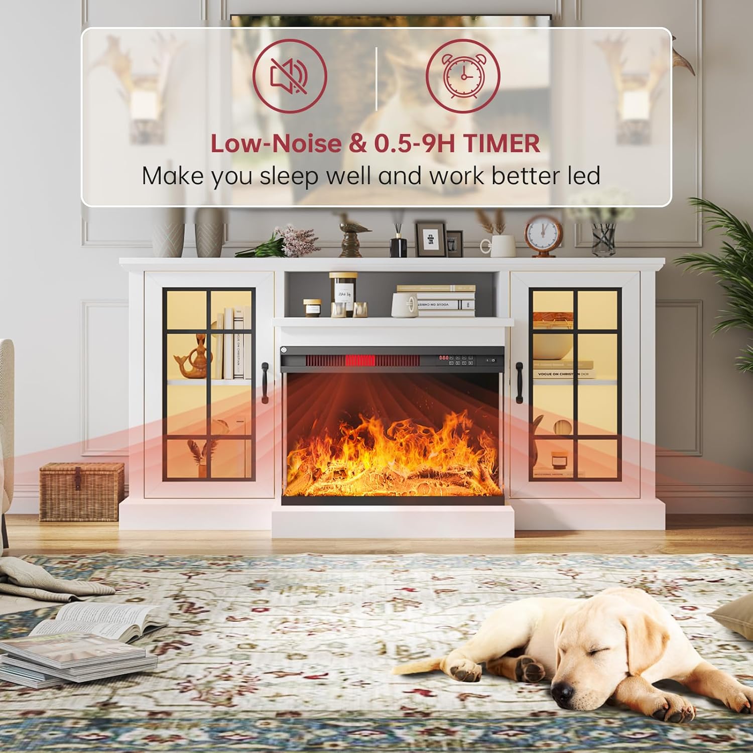 Multimueble para TV de hasta 65 pulgadas con chimenea de 59 pulgadas, centro de entretenimiento con puertas de vidrio en 3 lados llama LED ajustable con color, para sala de estar, color blanco