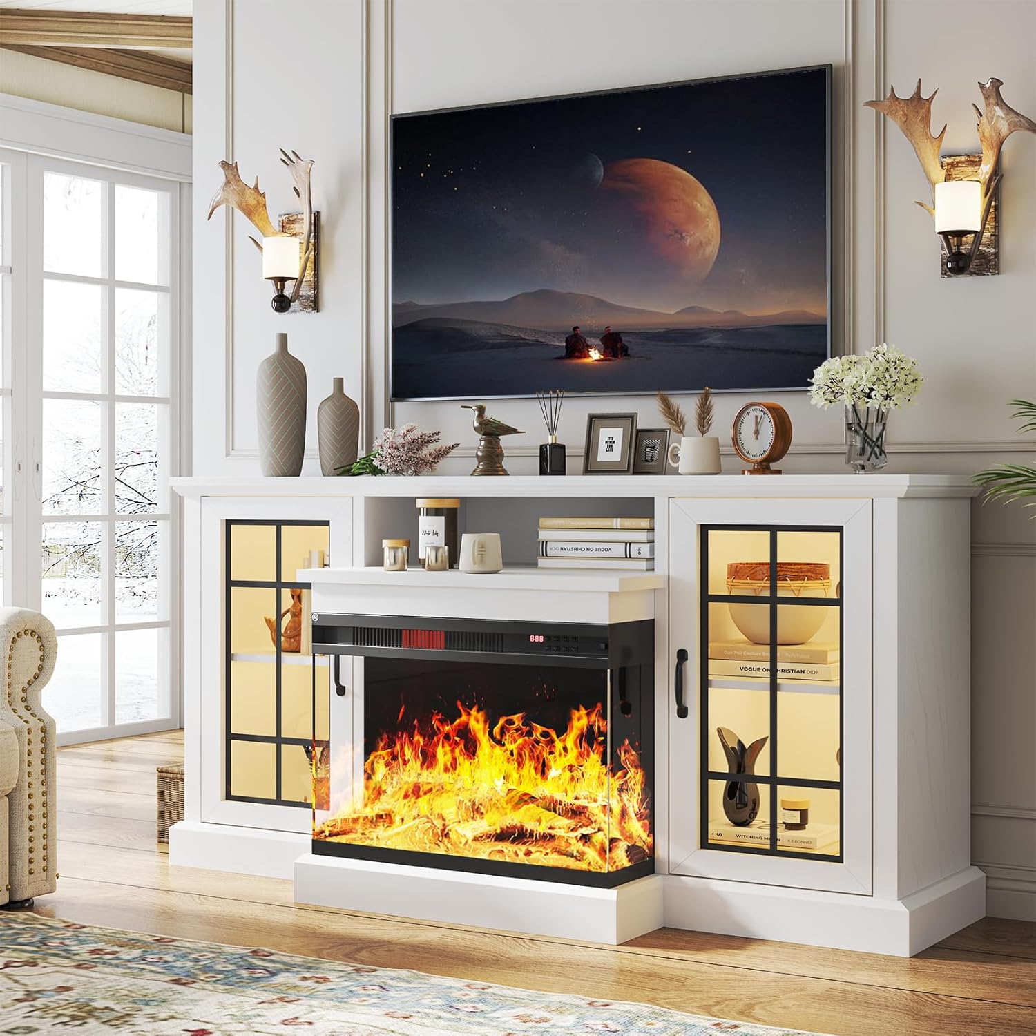 Multimueble para TV de hasta 65 pulgadas con chimenea de 59 pulgadas, centro de entretenimiento con puertas de vidrio en 3 lados llama LED ajustable con color, para sala de estar, color blanco