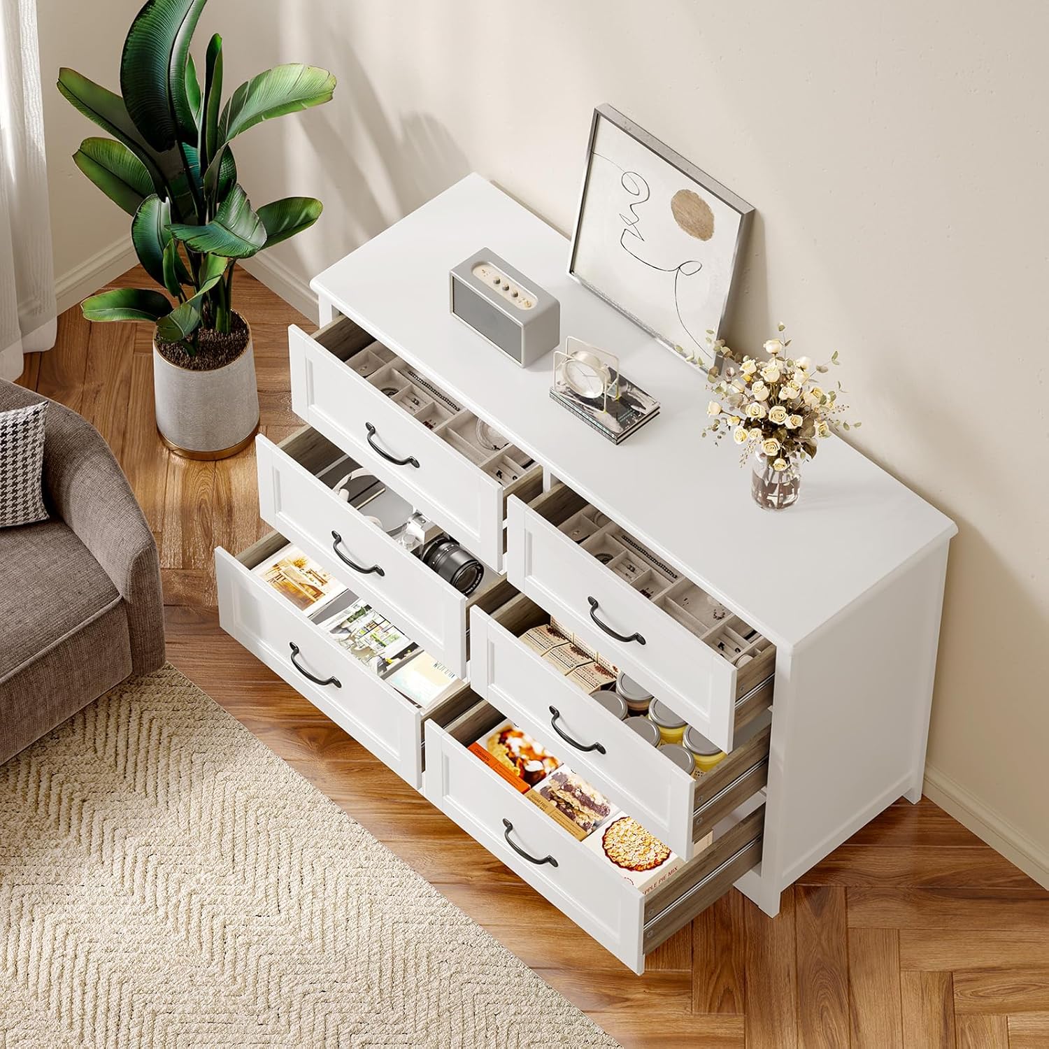 Gizoon Cómoda de 6 cajones para dormitorio, cómoda de 47 pulgadas más grande con mango mental para habitación de los niños, cómoda blanca con 6 cajones de almacenamiento para sala de estar, entrada y