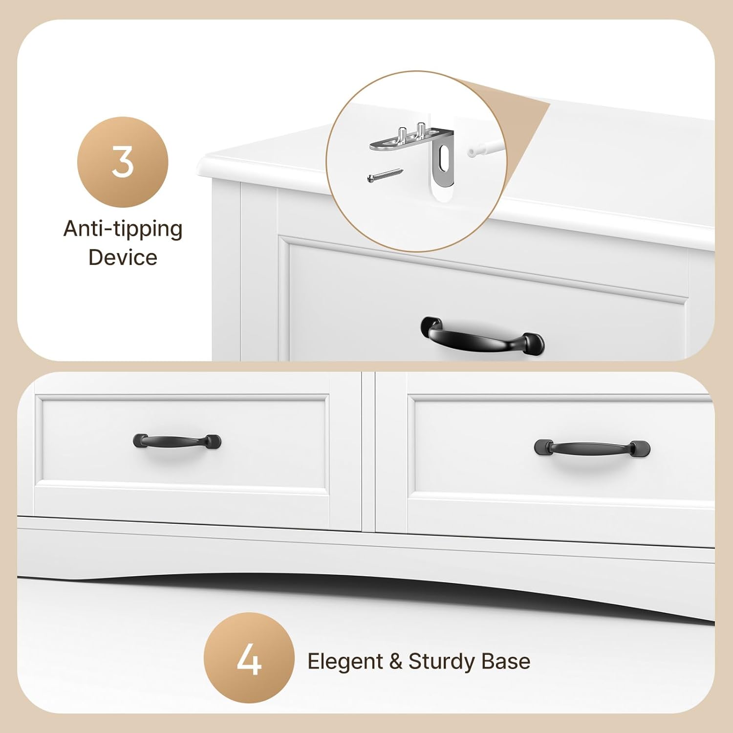 Gizoon Cómoda de 6 cajones para dormitorio, cómoda de 47 pulgadas más grande con mango mental para habitación de los niños, cómoda blanca con 6 cajones de almacenamiento para sala de estar, entrada y