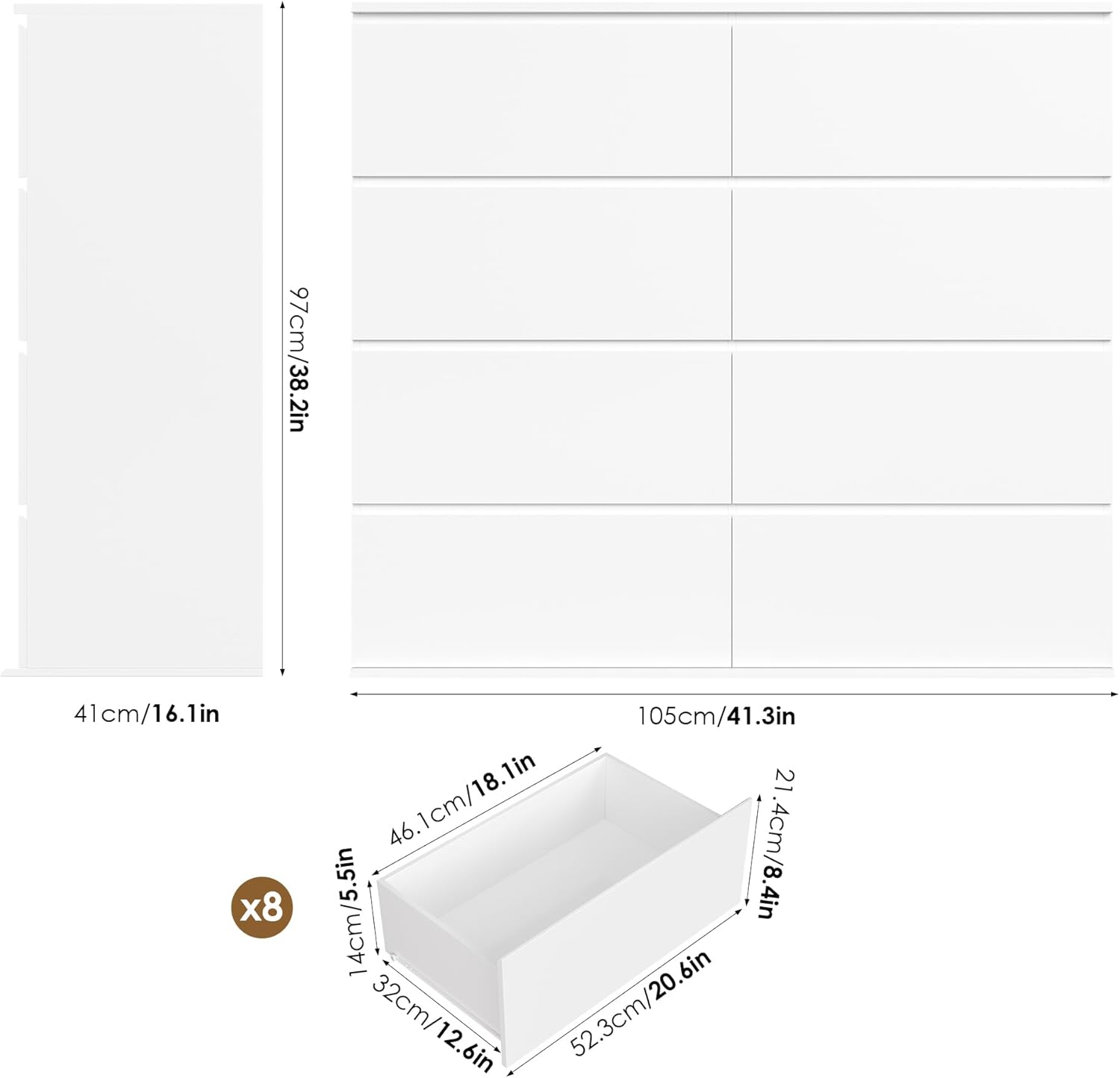 FINETONES Cómoda de 8 cajones para dormitorio, cómoda blanca con doble cajonera, cómodas modernas de madera con cajones profundos para sala de estar, blanco