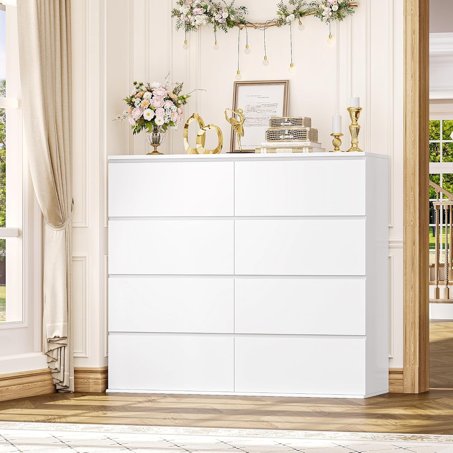 FINETONES Cómoda de 8 cajones para dormitorio, cómoda blanca con doble cajonera, cómodas modernas de madera con cajones profundos para sala de estar, blanco