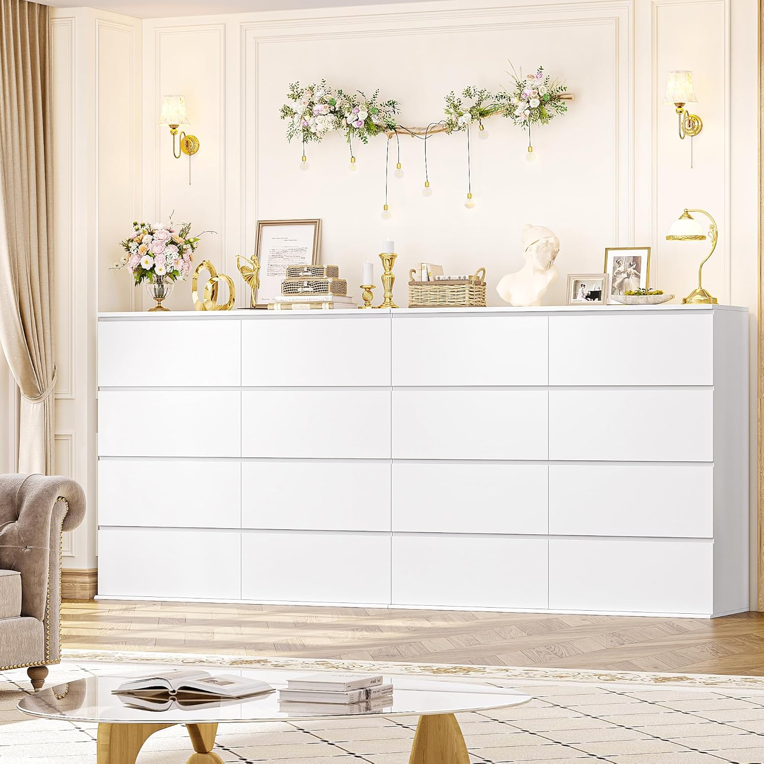 FINETONES Cómoda de 8 cajones para dormitorio, cómoda blanca con doble cajonera, cómodas modernas de madera con cajones profundos para sala de estar, blanco