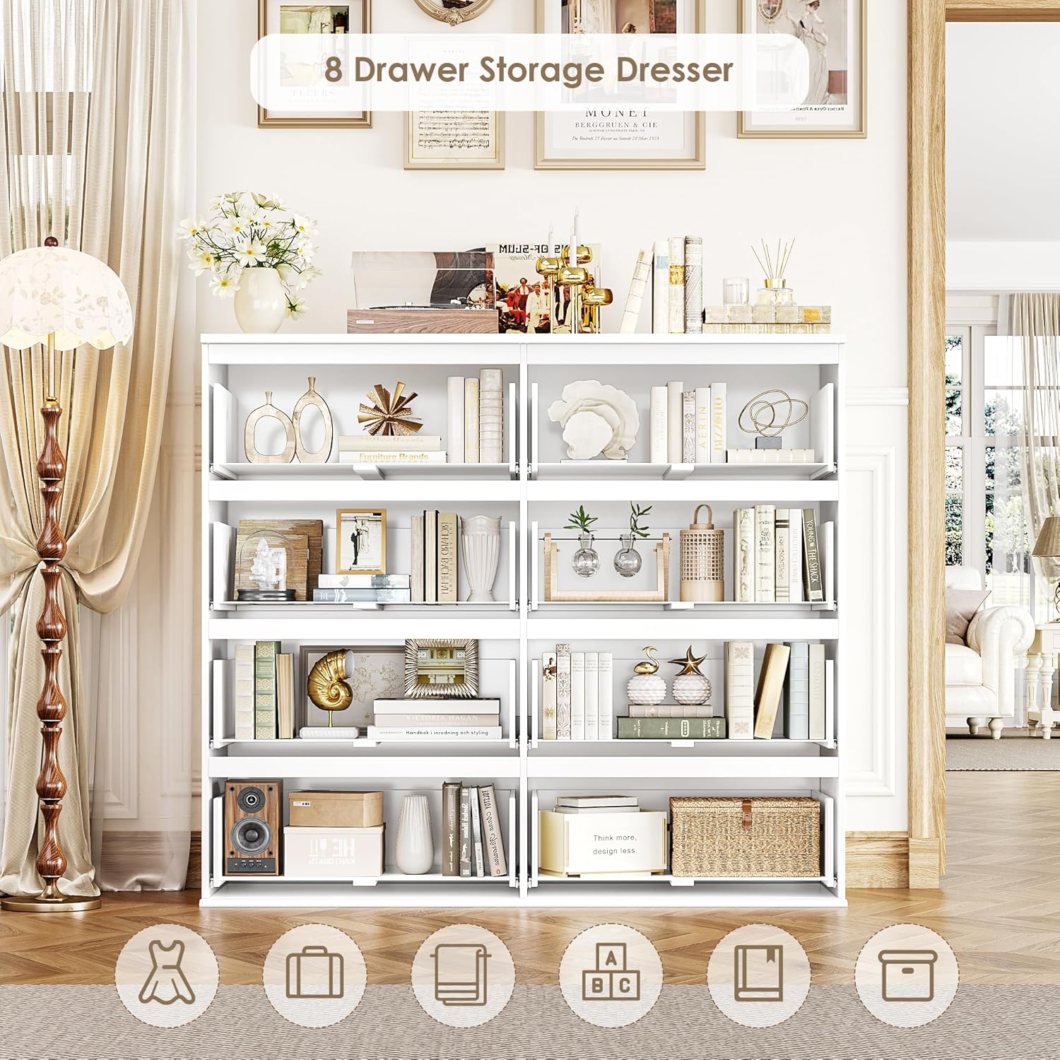 FINETONES Cómoda de 8 cajones para dormitorio, cómoda blanca con doble cajonera, cómodas modernas de madera con cajones profundos para sala de estar, blanco