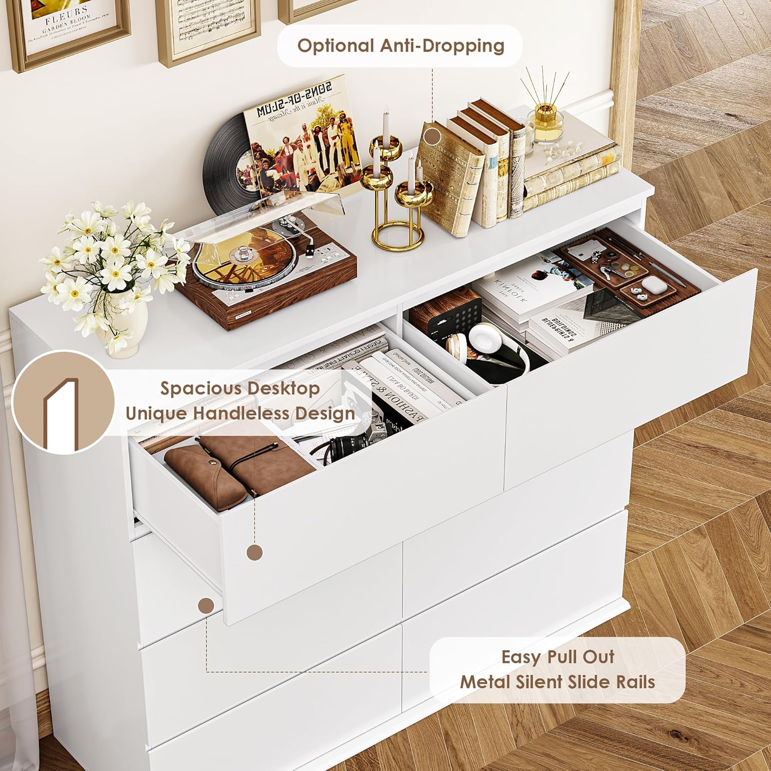 FINETONES Cómoda de 8 cajones para dormitorio, cómoda blanca con doble cajonera, cómodas modernas de madera con cajones profundos para sala de estar, blanco