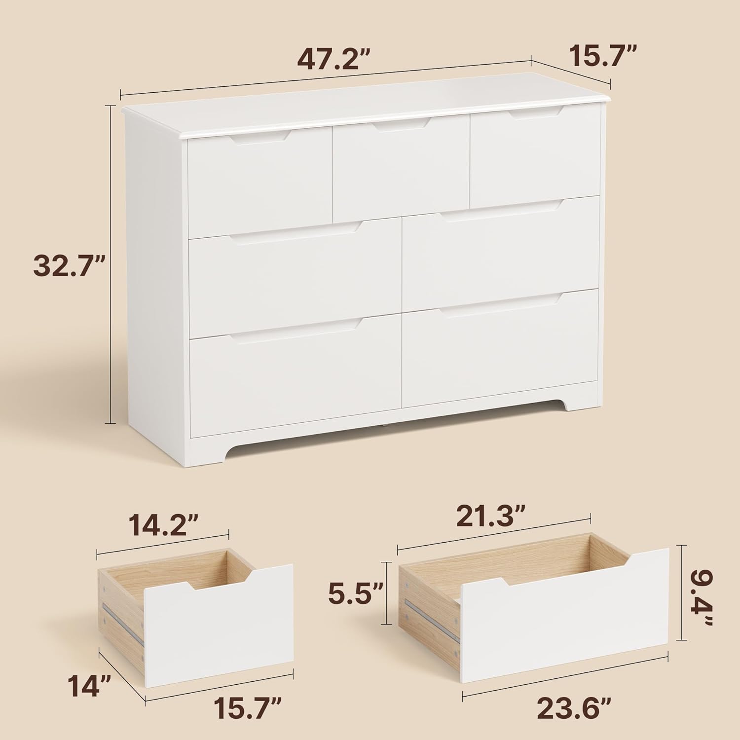 Gizoon Cómoda de 7 cajones, cómoda de madera de 48 pulgadas de ancho para dormitorio, organizador de almacenamiento moderno blanco, diseño sin asas, sala de estar, habitación de los niños, entrada